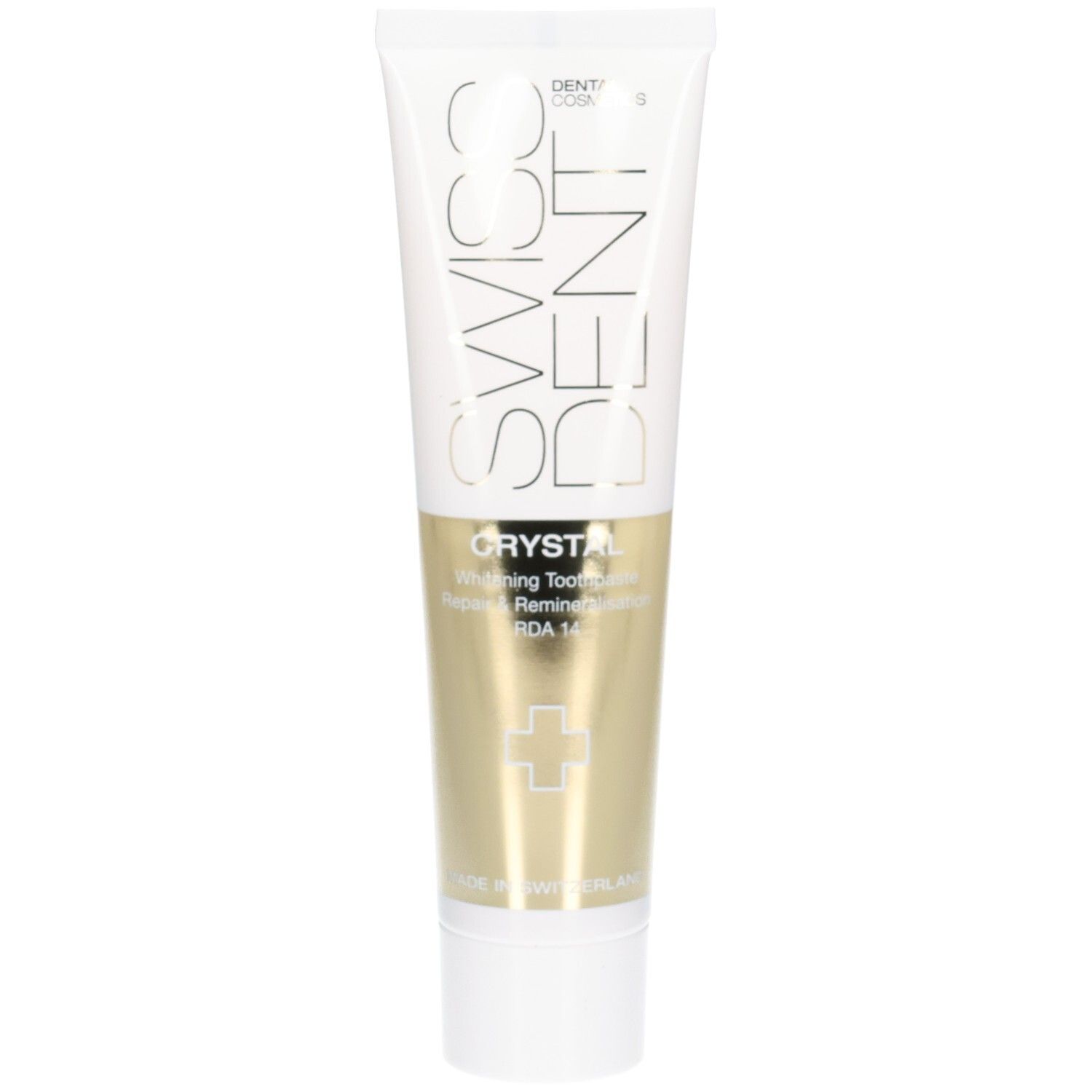 Zahncreme-Tube, weiß mit goldfarbenem Abschnitt. Schriftzug Swissdent, Crystal, Schweizer Kreuz. Hergestellt in der Schweiz.