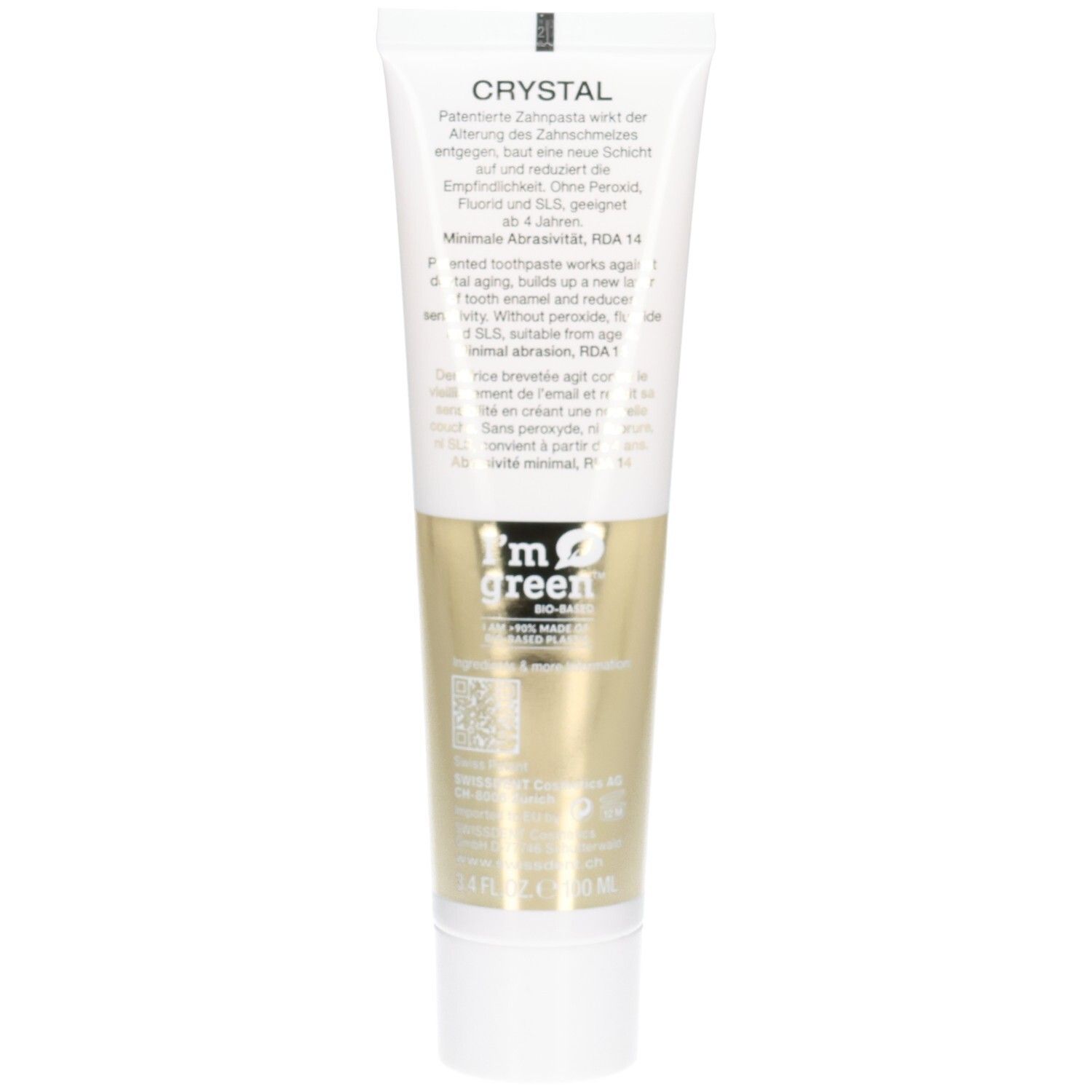 Rückseite der Zahncreme-Tube. Text: Crystal, Inhaltsstoffe, RDA 14, I'm green-Logo. Hergestellt in der Schweiz. 50 ml.