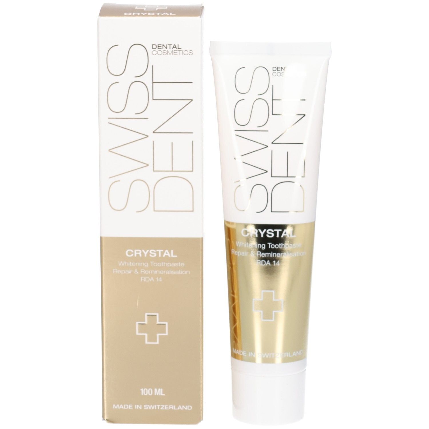 Zahncreme-Tube und Schachtel. Tube: Swissdent, Crystal. Schachtel: Swissdent, Crystal, 100 ml. Schweizer Kreuz. Hergestellt in der Schweiz.