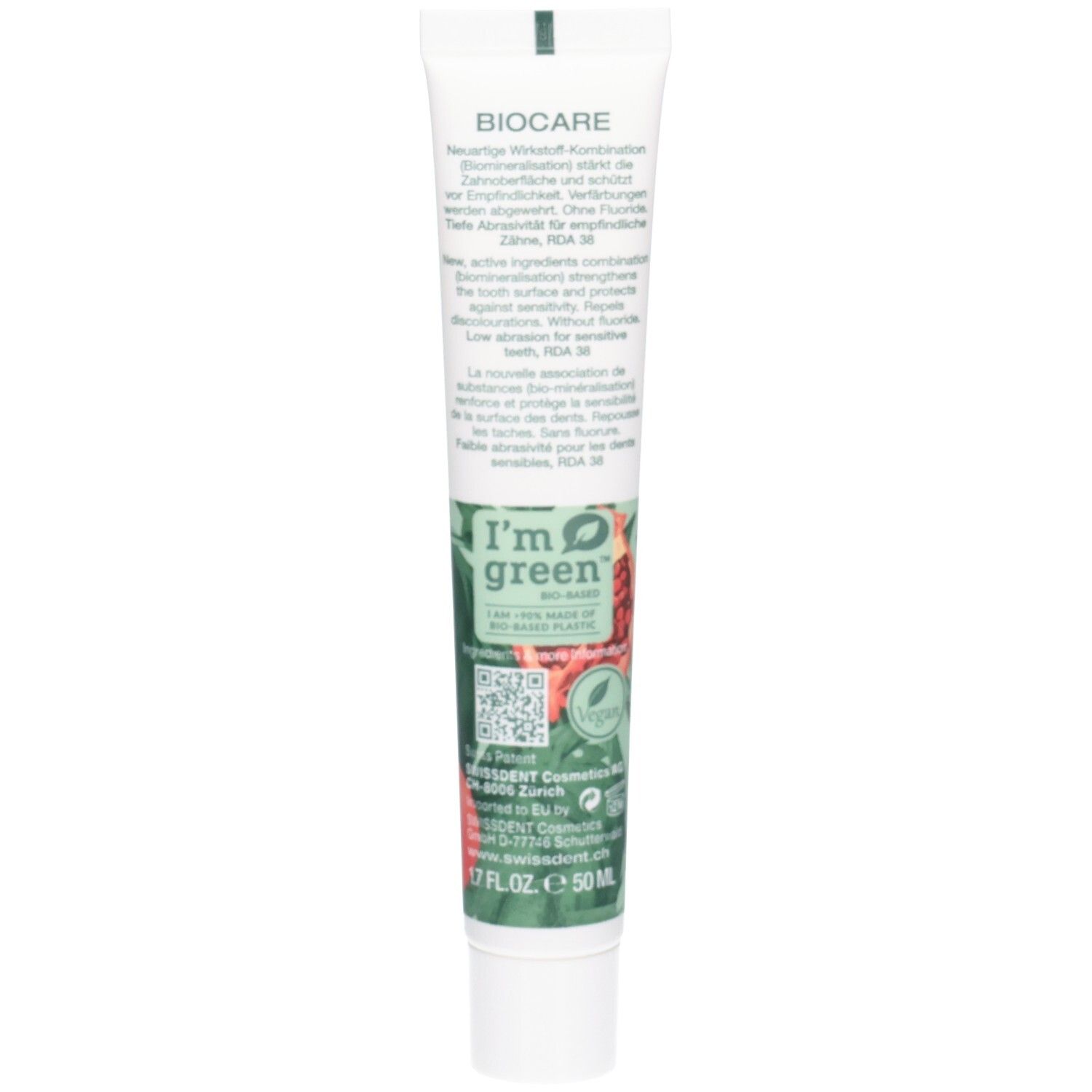 BIOCARE Zahnpasta-Tube mit 'I'm green'-Logo, 50 ml.