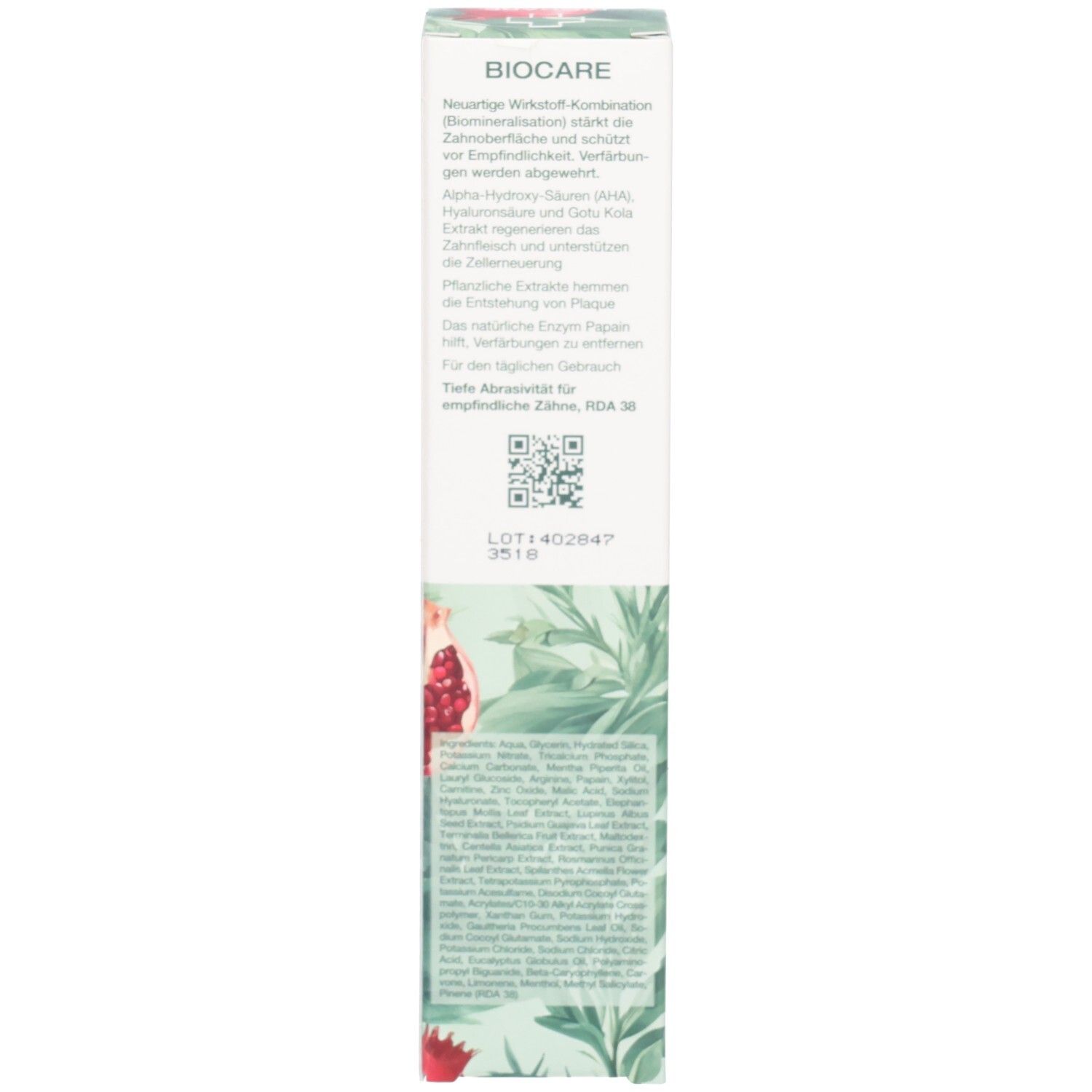 Biocare Verpackung mit Produktinformationen und botanischen Illustrationen von Granatapfel und Blättern.