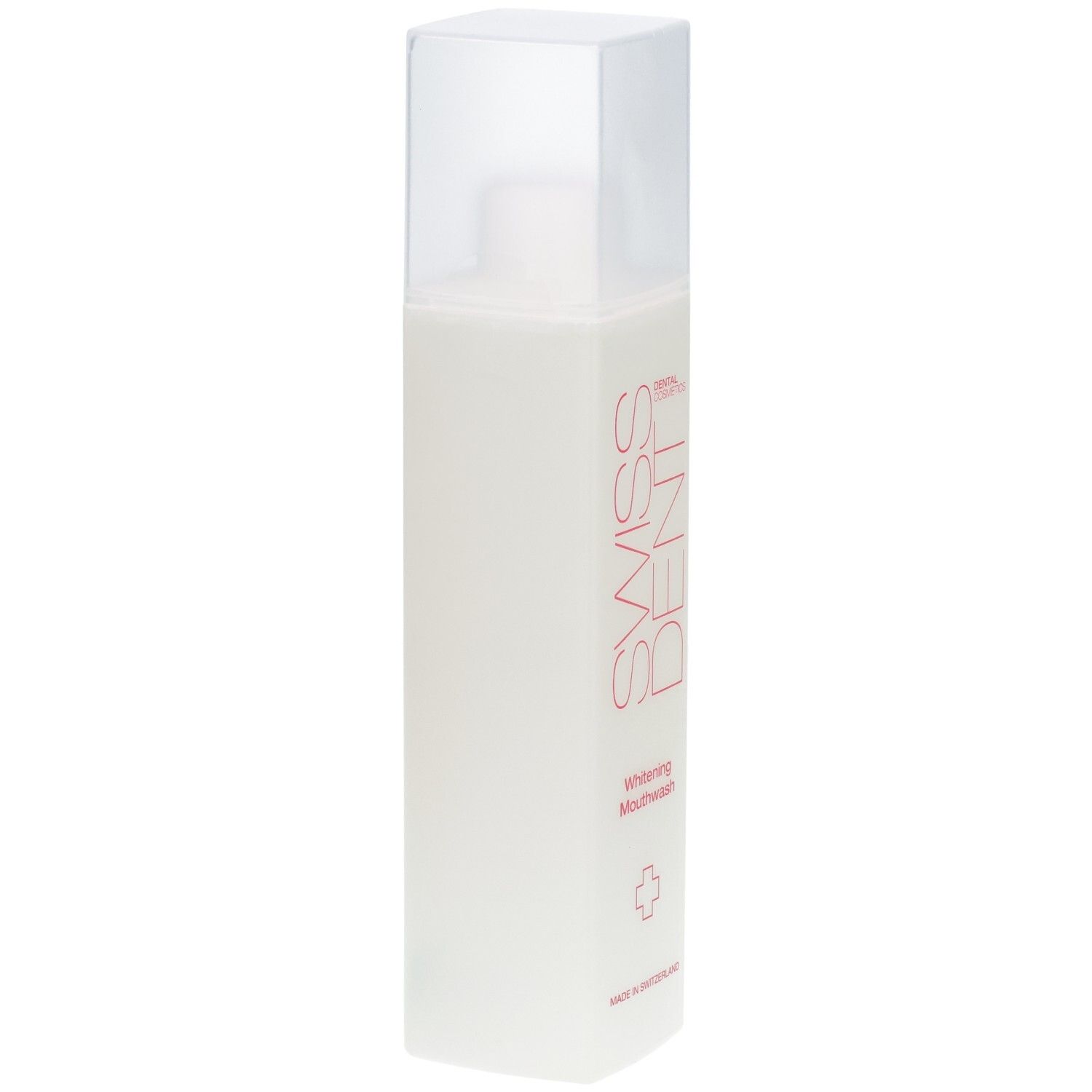 Bouteille blanche avec inscription rouge "SWISS DENT" et "whitening Mouthwash".