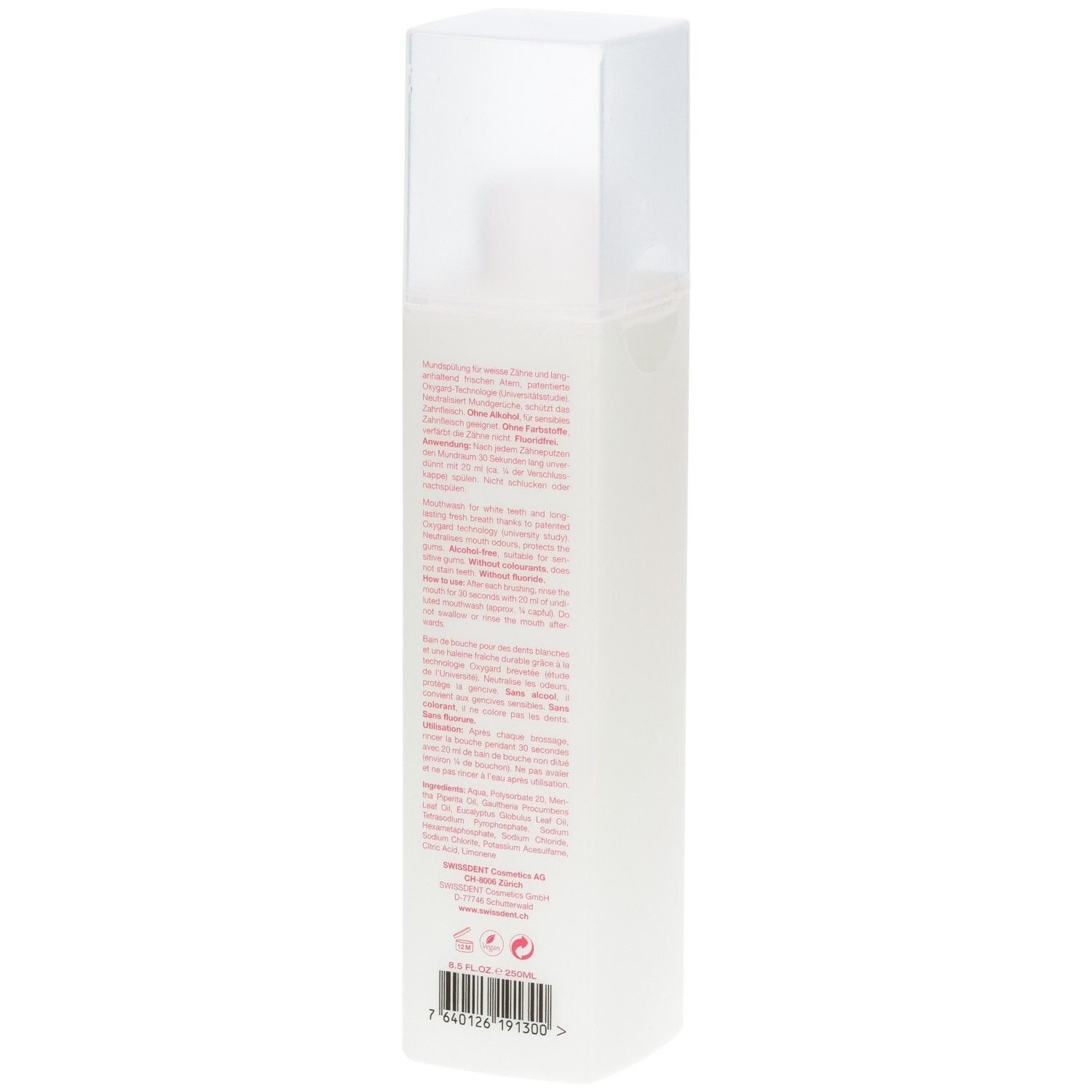 Flacon blanc avec bouchon transparent et étiquette d'informations produit.