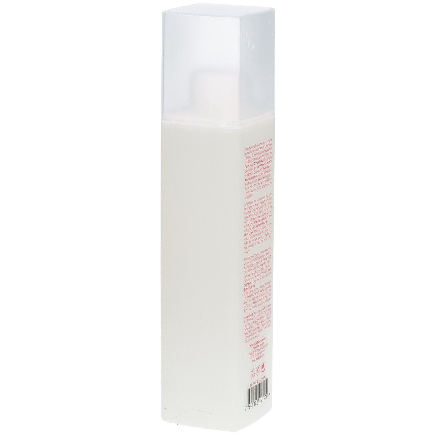 Bouteille rectangulaire blanche avec bouchon carré transparent. Texte rouge sur le côté.