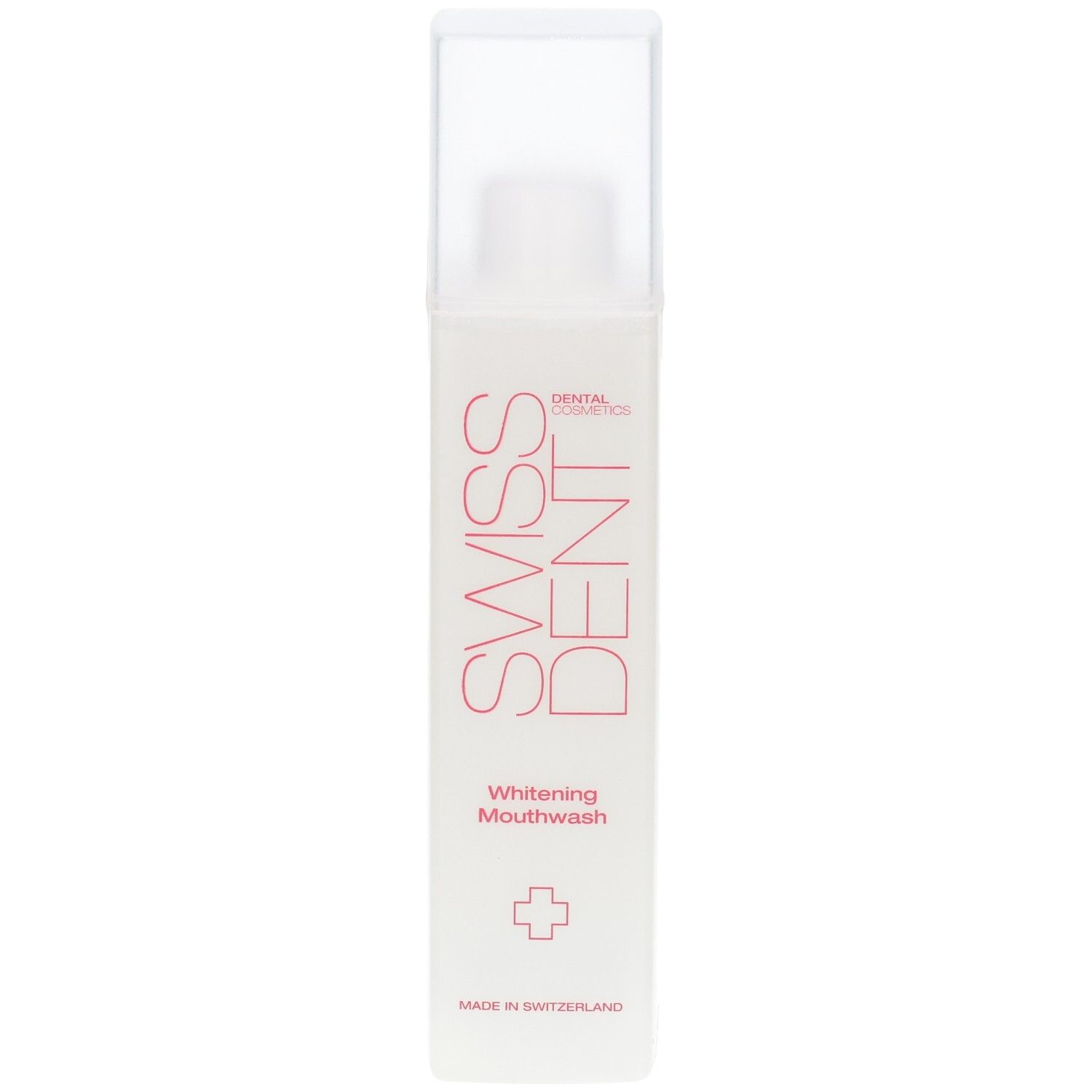 Bouteille Swiss Dent Whitening Mouthwash avec bouchon blanc. Texte sur la bouteille : 'SWISS DENT', 'DENTAL COSMETICS', 'Whitening Mouthwash', 'MADE IN SWITZERLAND'.