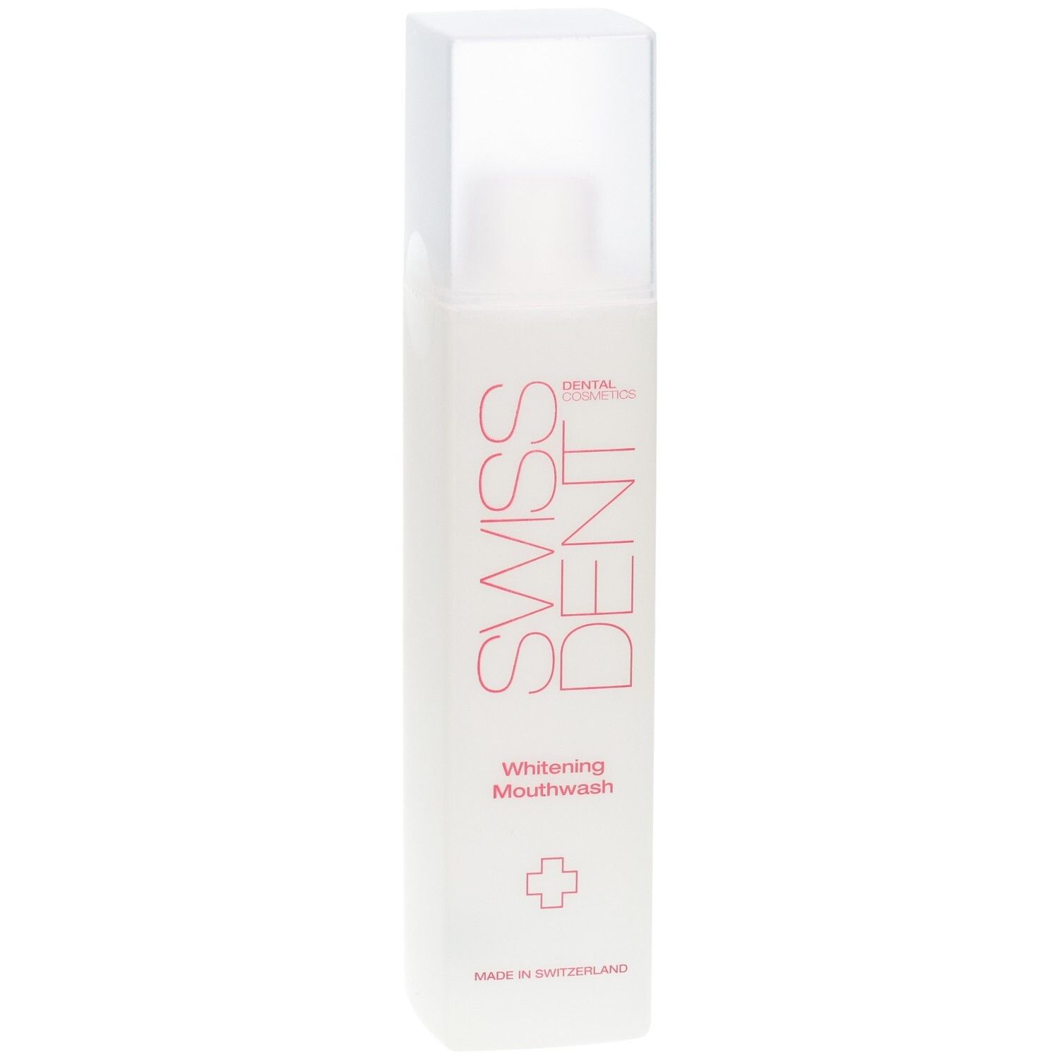 Bouteille blanche avec Swiss Dent Whitening Mouthwash et symbole de croix rouge. Fabriqué en Suisse.