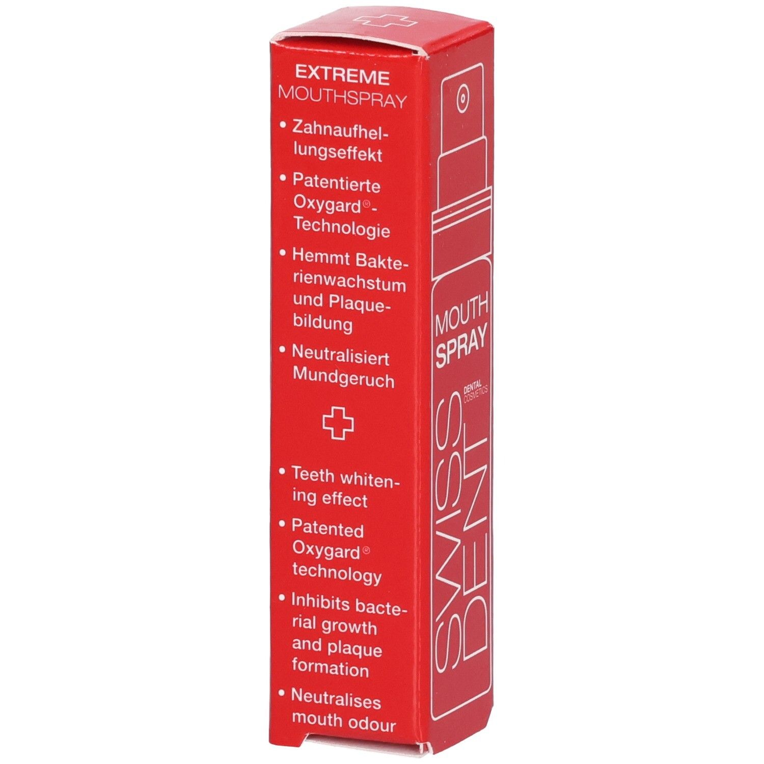 Rote Verpackung für SWISS DENT EXTREME MOOTHS PRAY mit Zahnpflege-Effekten und Oxygard-Technologie.