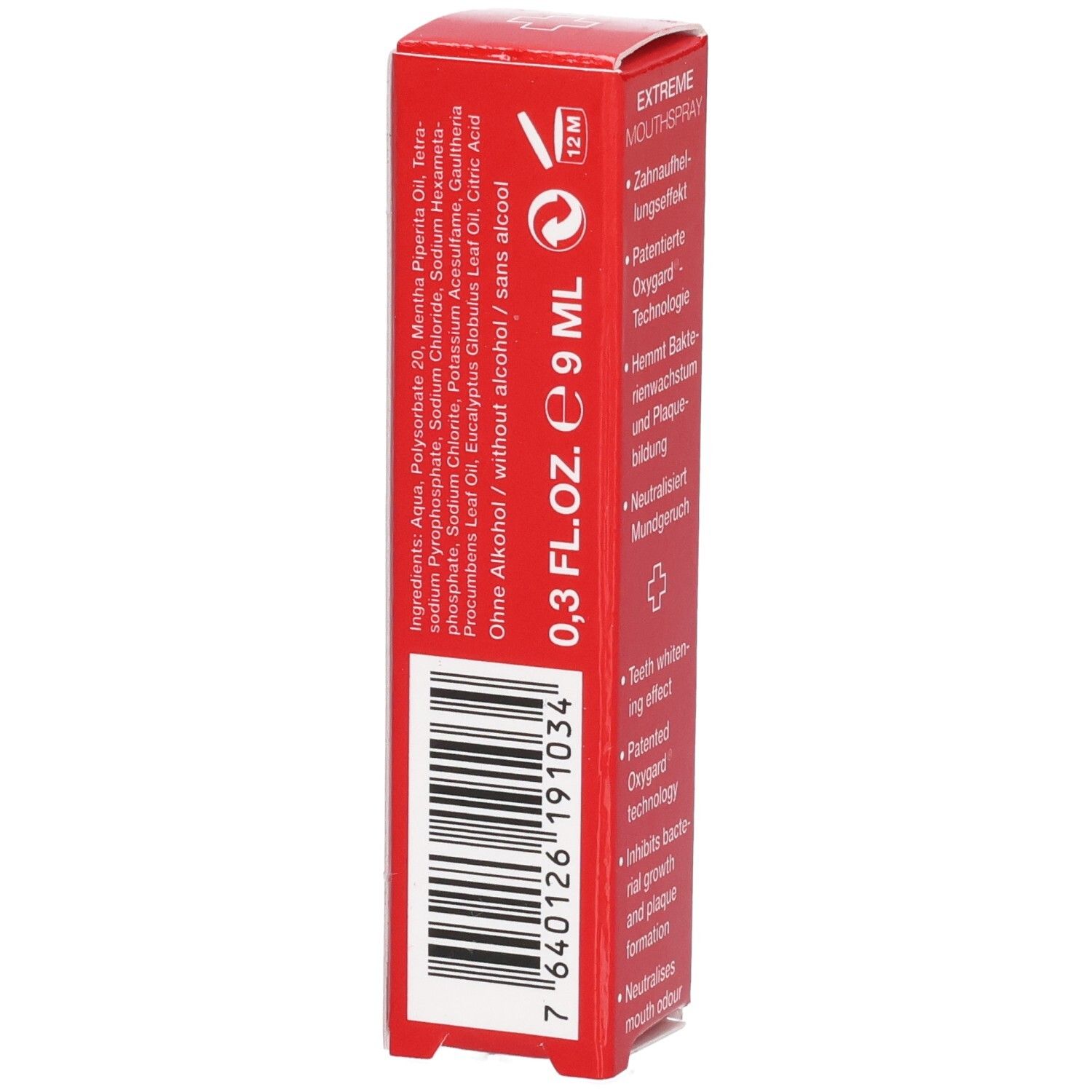 Rote Schachtel mit Mundspray, 9 ml. Enthält Inhaltsstoffe und Barcode.