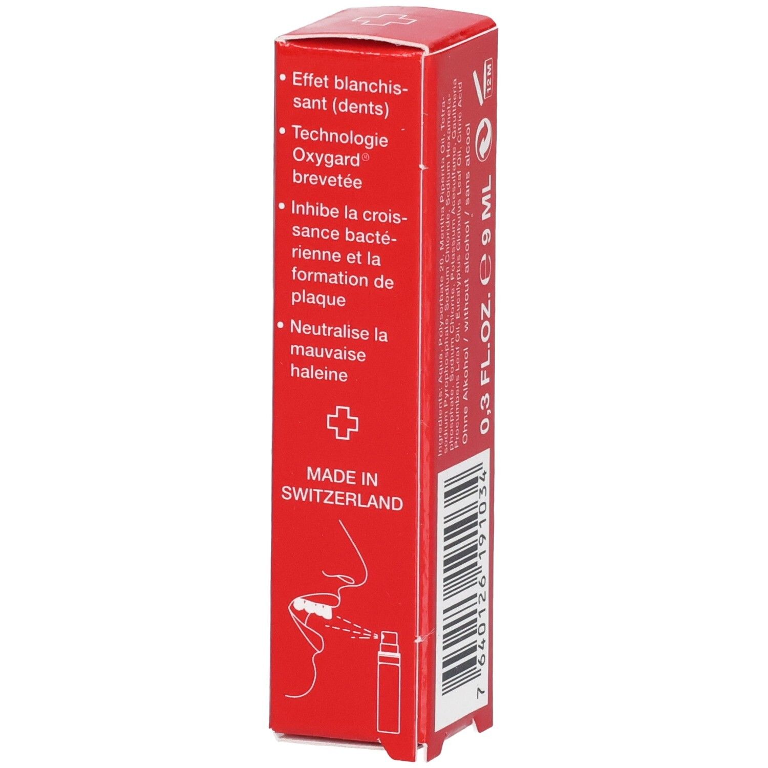 Rote Schachtel mit weißer Schrift, Schweizer Kreuz und 9 ml Inhalt.