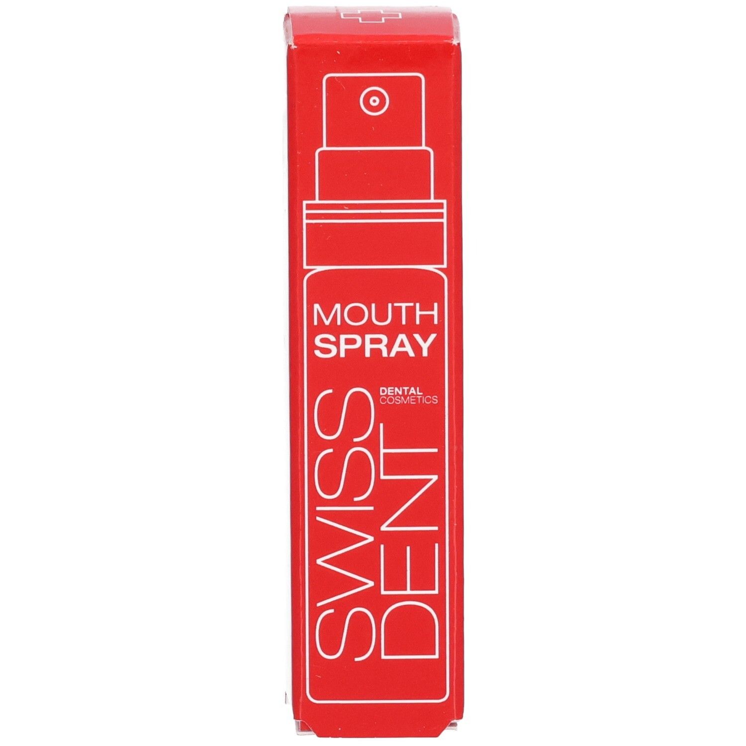 Rote Verpackung für Swiss Dent Mundspray mit Sprühkopf.