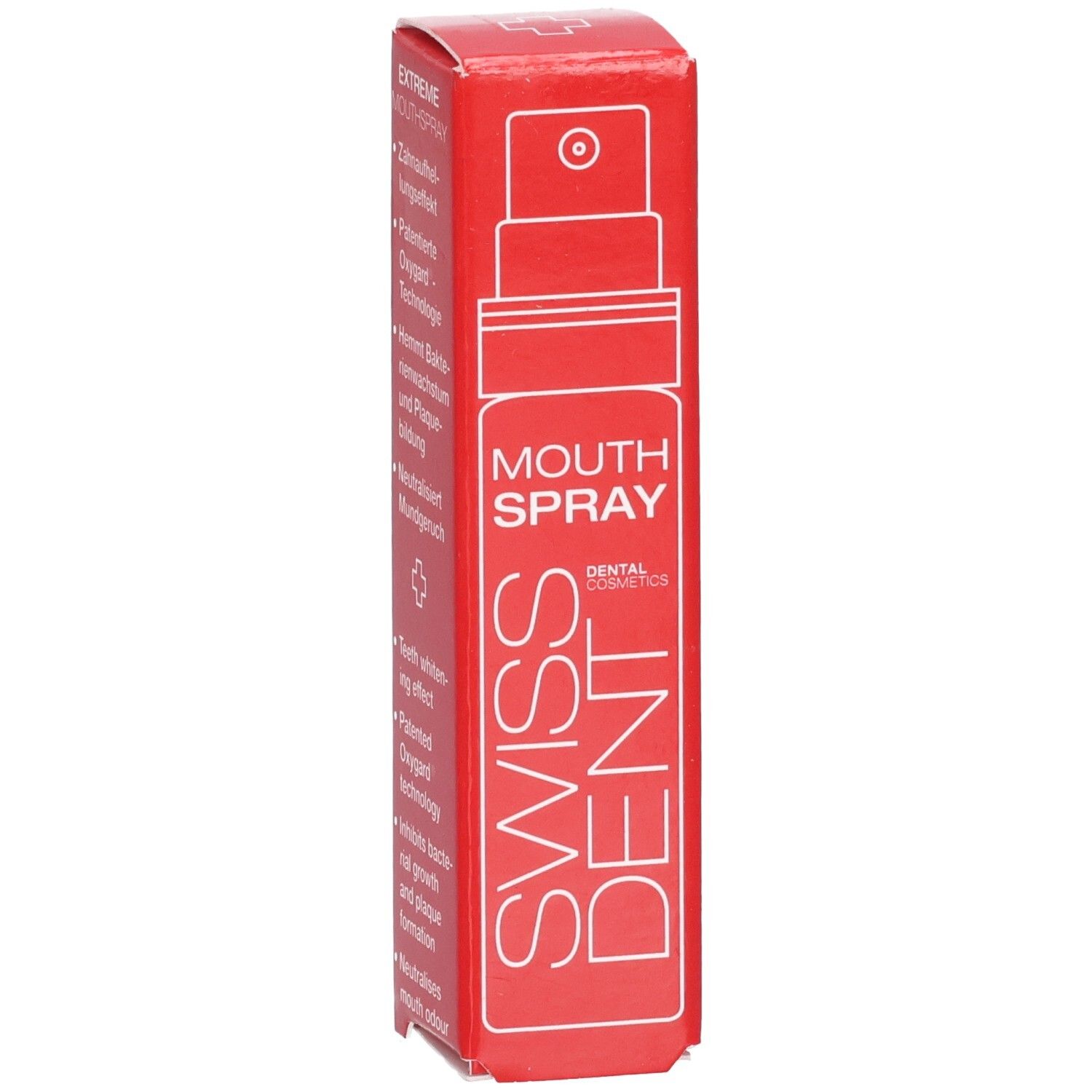 Rote Verpackung für Swiss Dent Mundspray mit weißer Schrift und Abbildung eines Sprühkopfes.