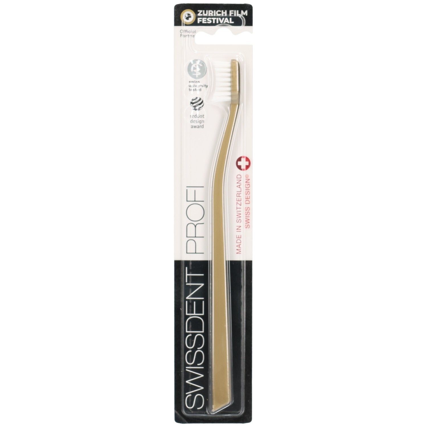 Zahnbürste Swissdent Profi Whitening Classic Golden in Verpackung. Goldener Griff, weißer Bürstenkopf. Schwarze und weiße Verpackung.