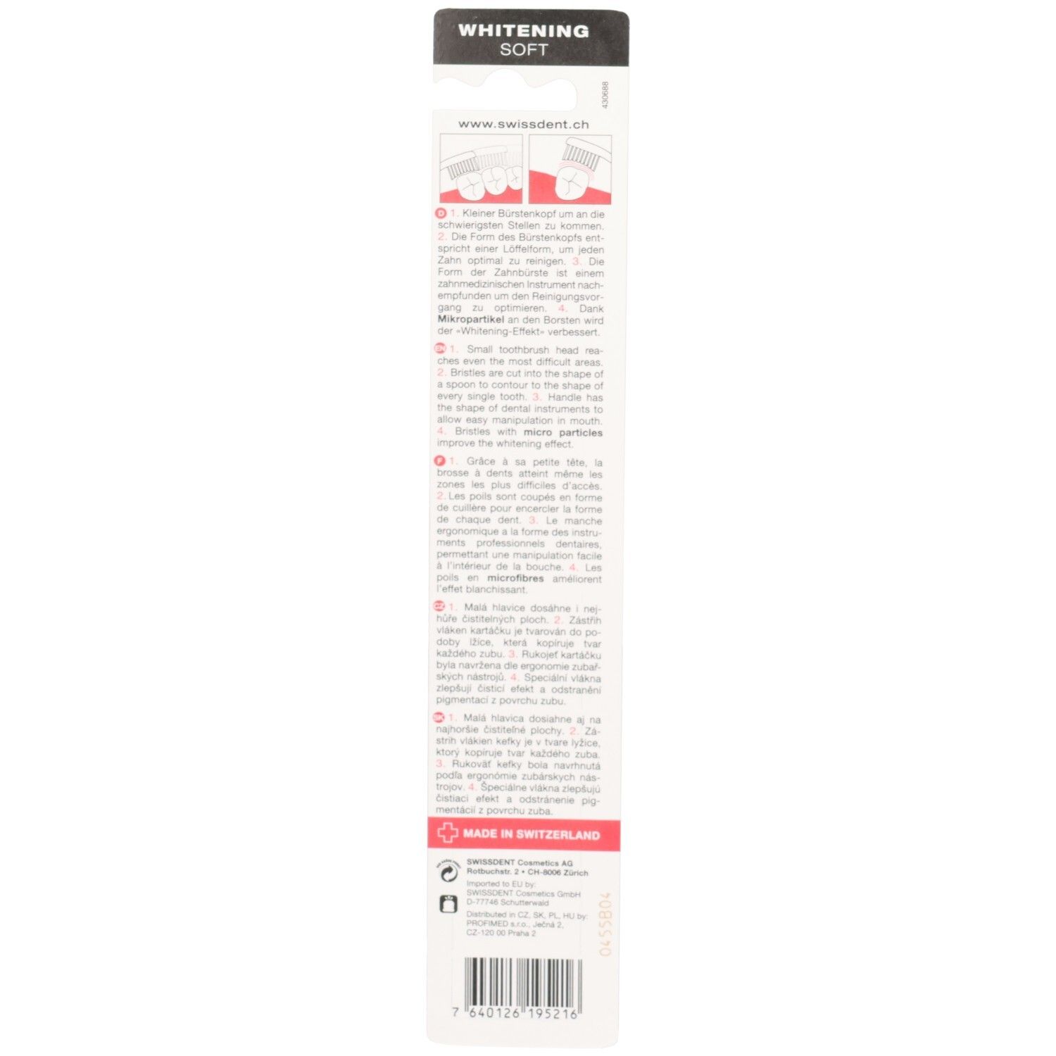 Rückseite der Zahnbürstenverpackung. Text in mehreren Sprachen. Logo Swissdent. Hergestellt in der Schweiz.