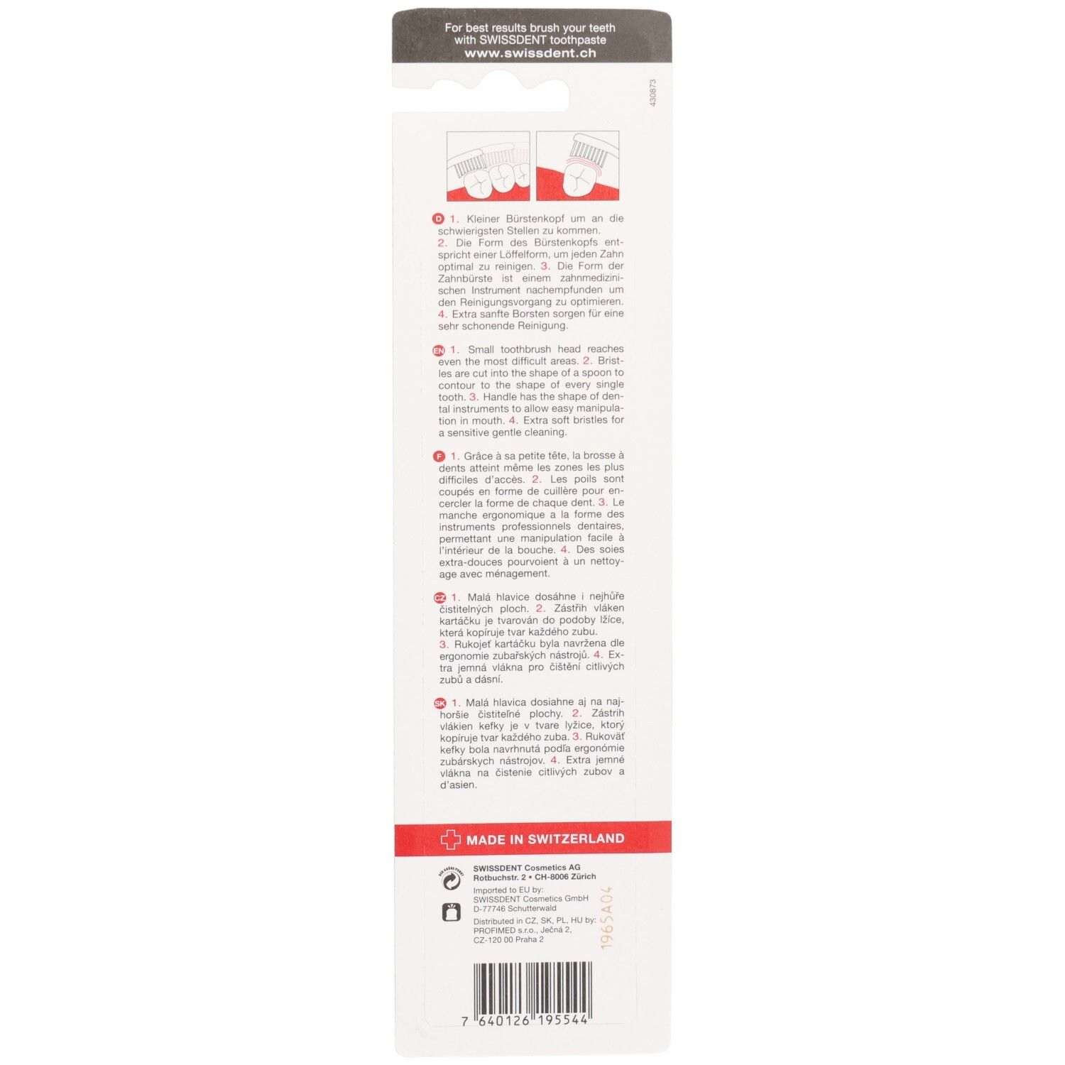 Verpackung einer Zahnbürste mit Anleitungsbildern und Text in vier Sprachen.