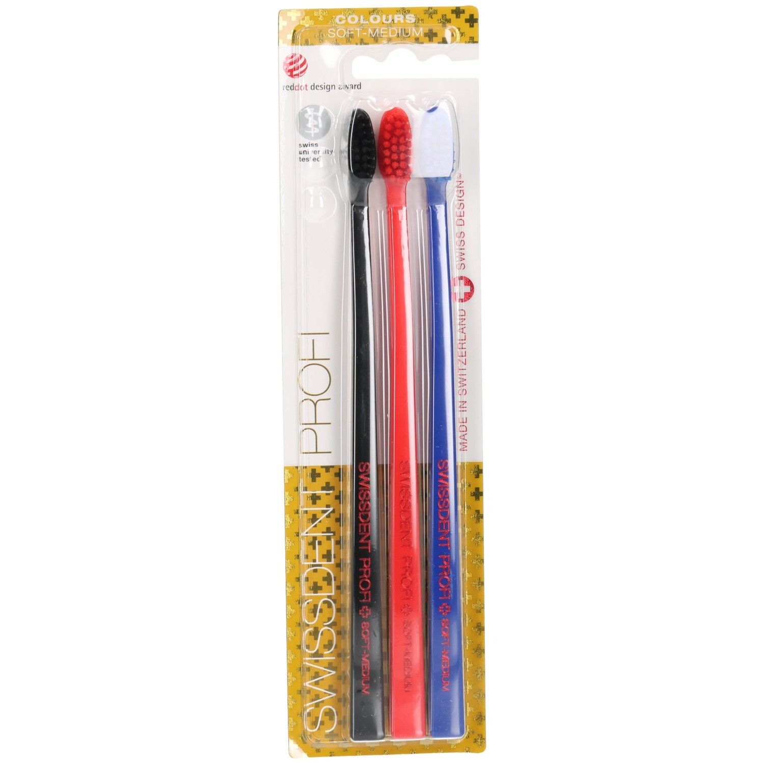 Drei Zahnbürsten in Verpackung. Schwarz, rot und blau. Swissdent Profi. Weiche bis mittlere Borsten.