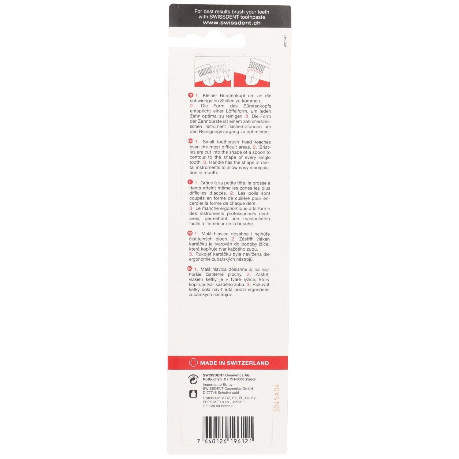 Rückseite der Verpackung mit Text. Made in Switzerland. Informationen zur Verwendung der Zahnbürste.