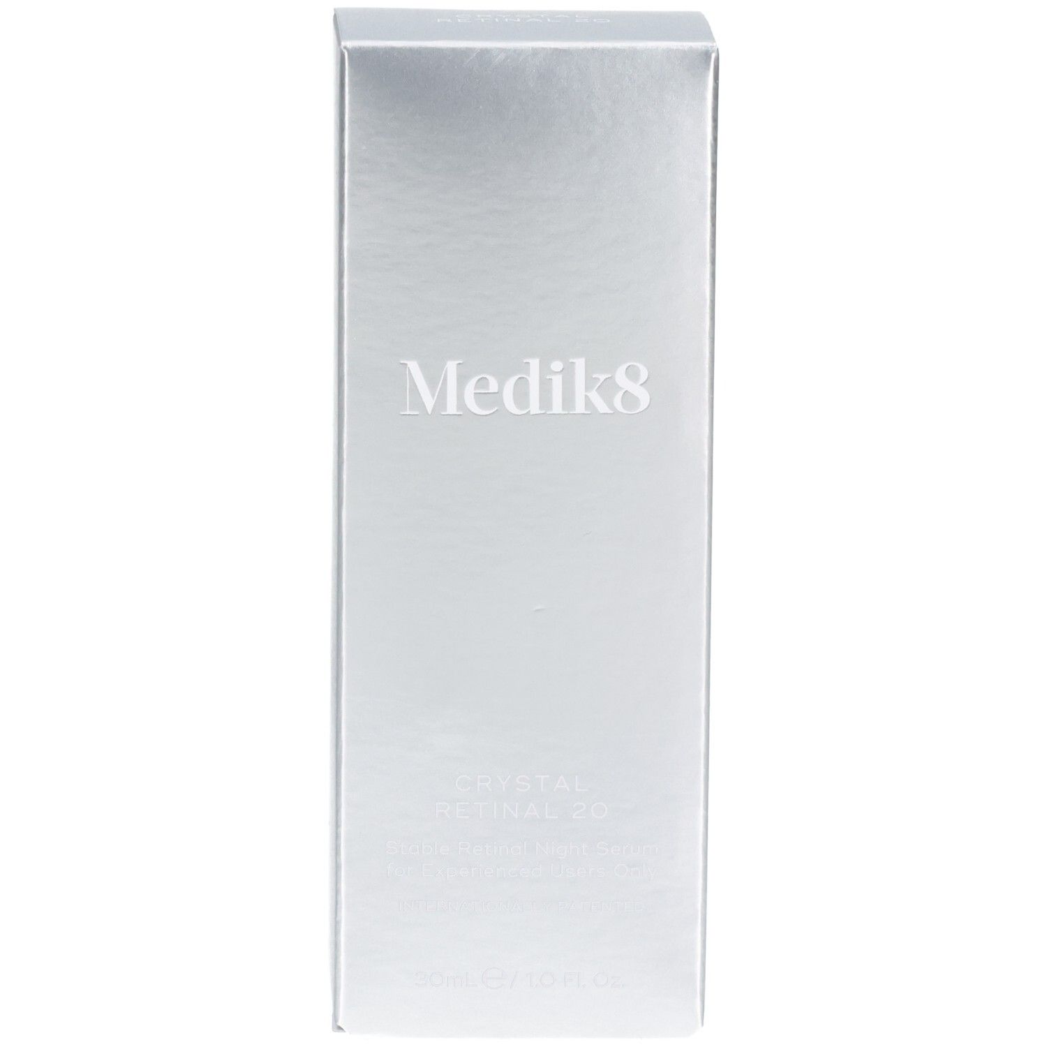 Silberne Medik8 Crystal Retinal 20 Siero Notte Verpackungsbox, Vorderseite.