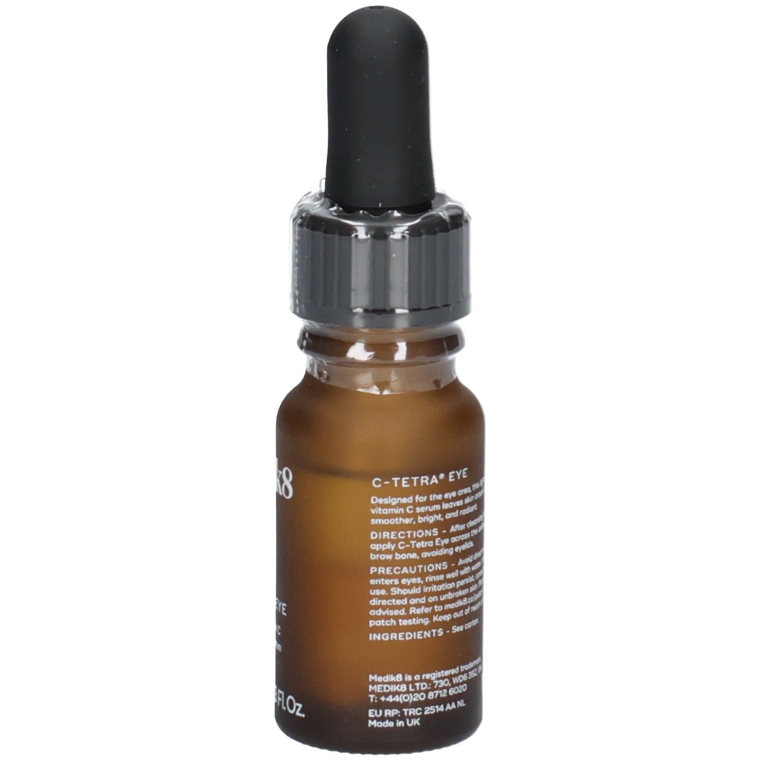 Medik8 C-Tetra Augenserum, Seitenansicht der braunen Glasflasche mit Pipette und Etikett. 7ml / 0.23 Fl. Oz.