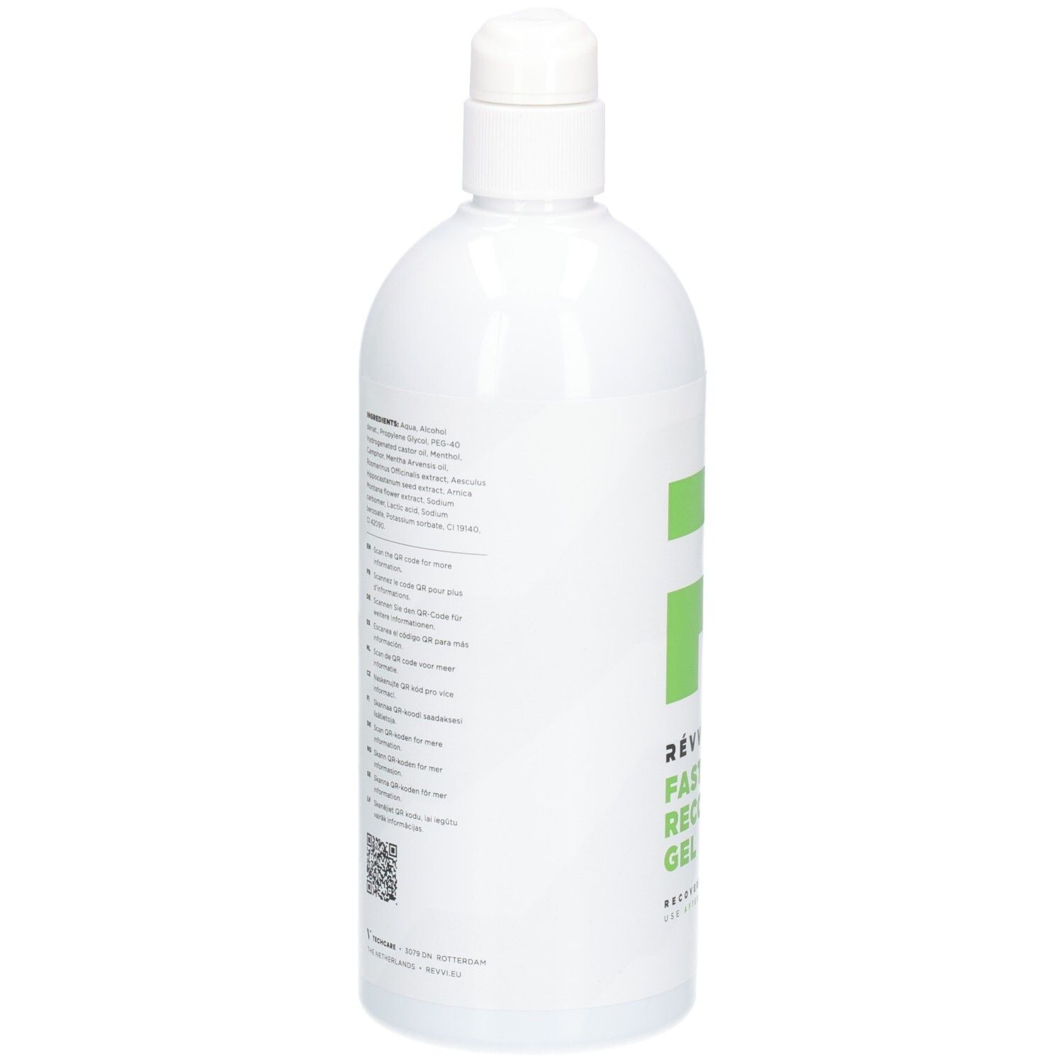 Rückseite der weißen Flasche mit Text und QR-Code. Produktname RÉVVI FAST RECOVERY GEL.