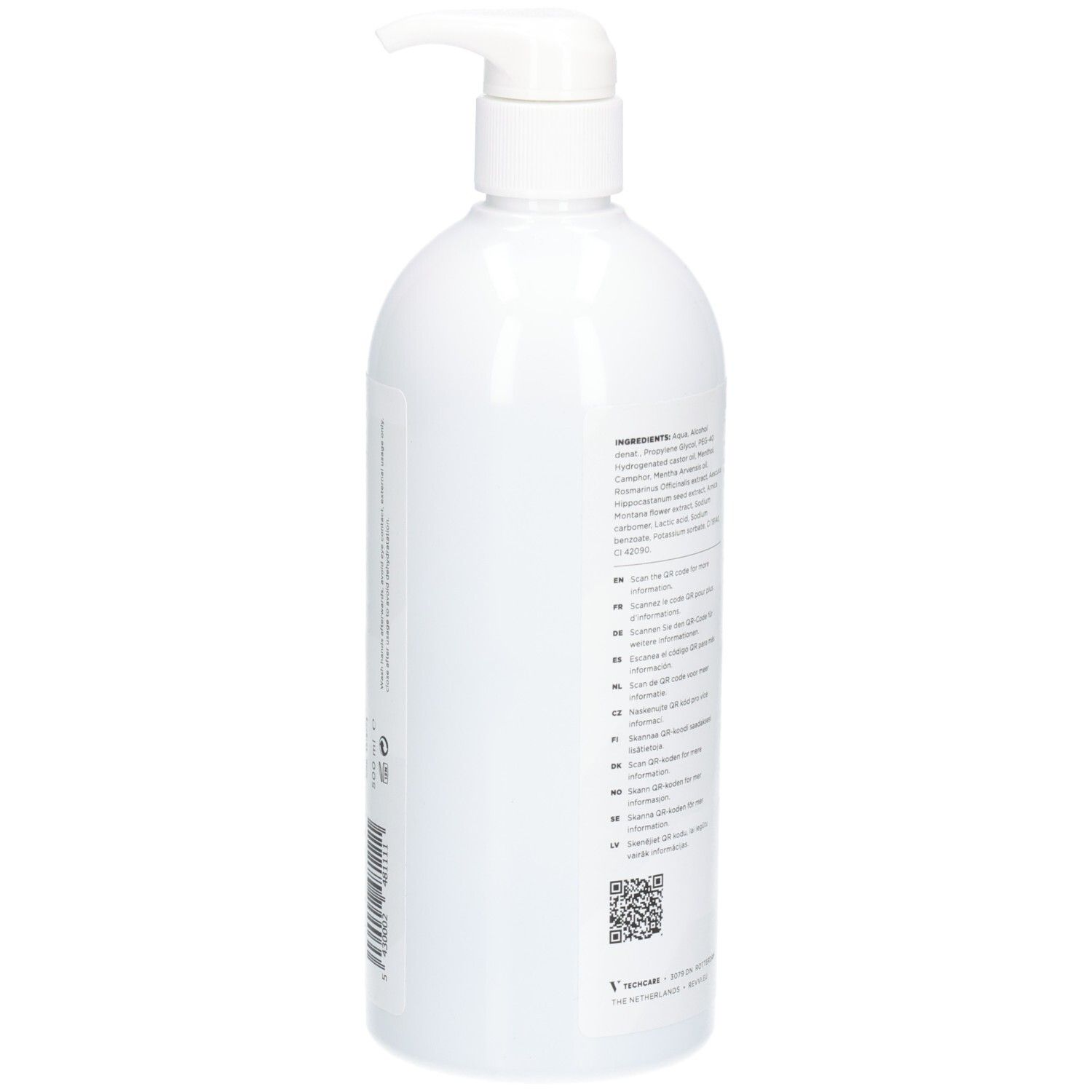 Rückseite der weißen Flasche mit Text und QR-Code. Produktname RÉVVI FAST RECOVERY GEL.