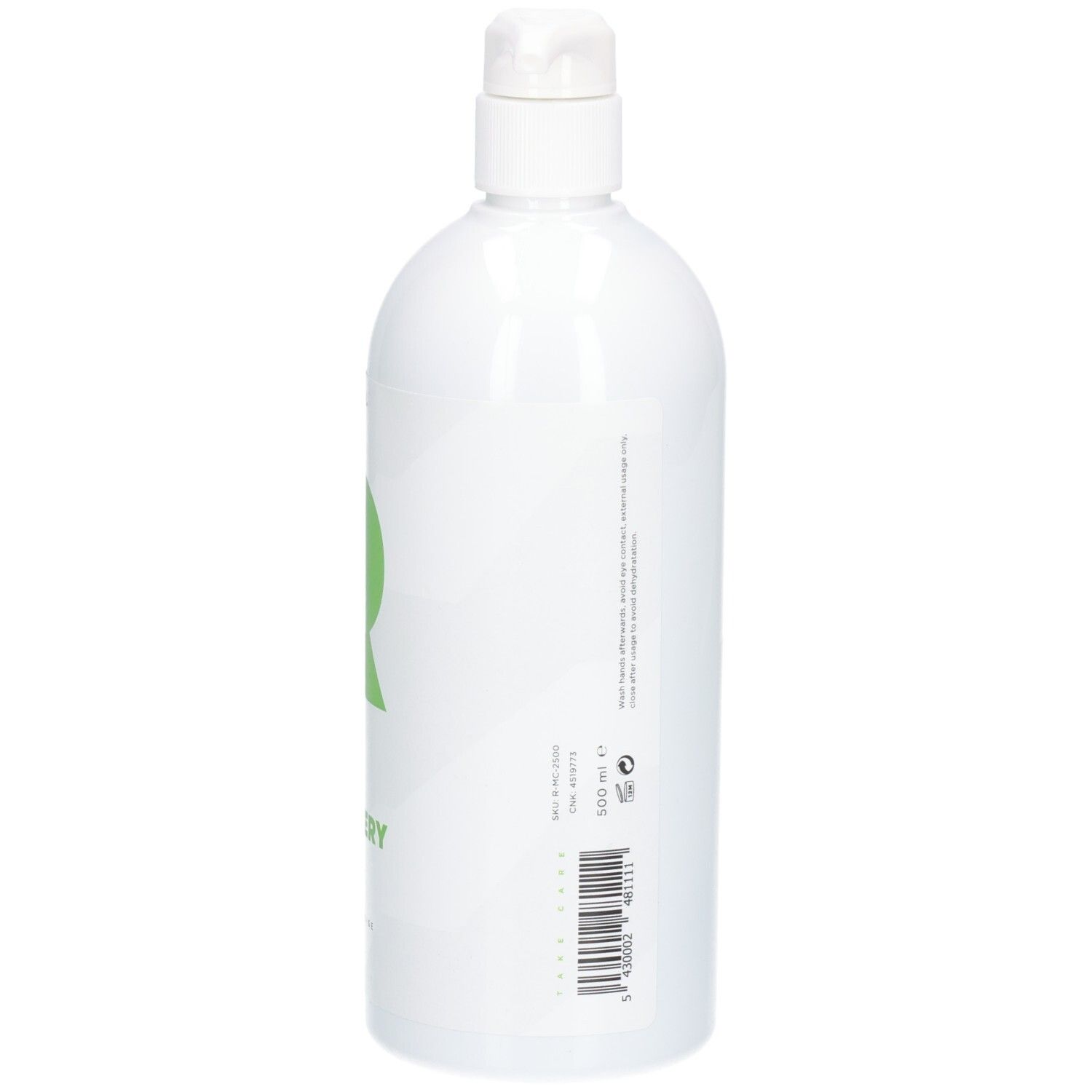 Weiße Flasche mit grünem "R"-Logo und Aufschrift RÉVVI FAST RECOVERY GEL. Pumpverschluss.