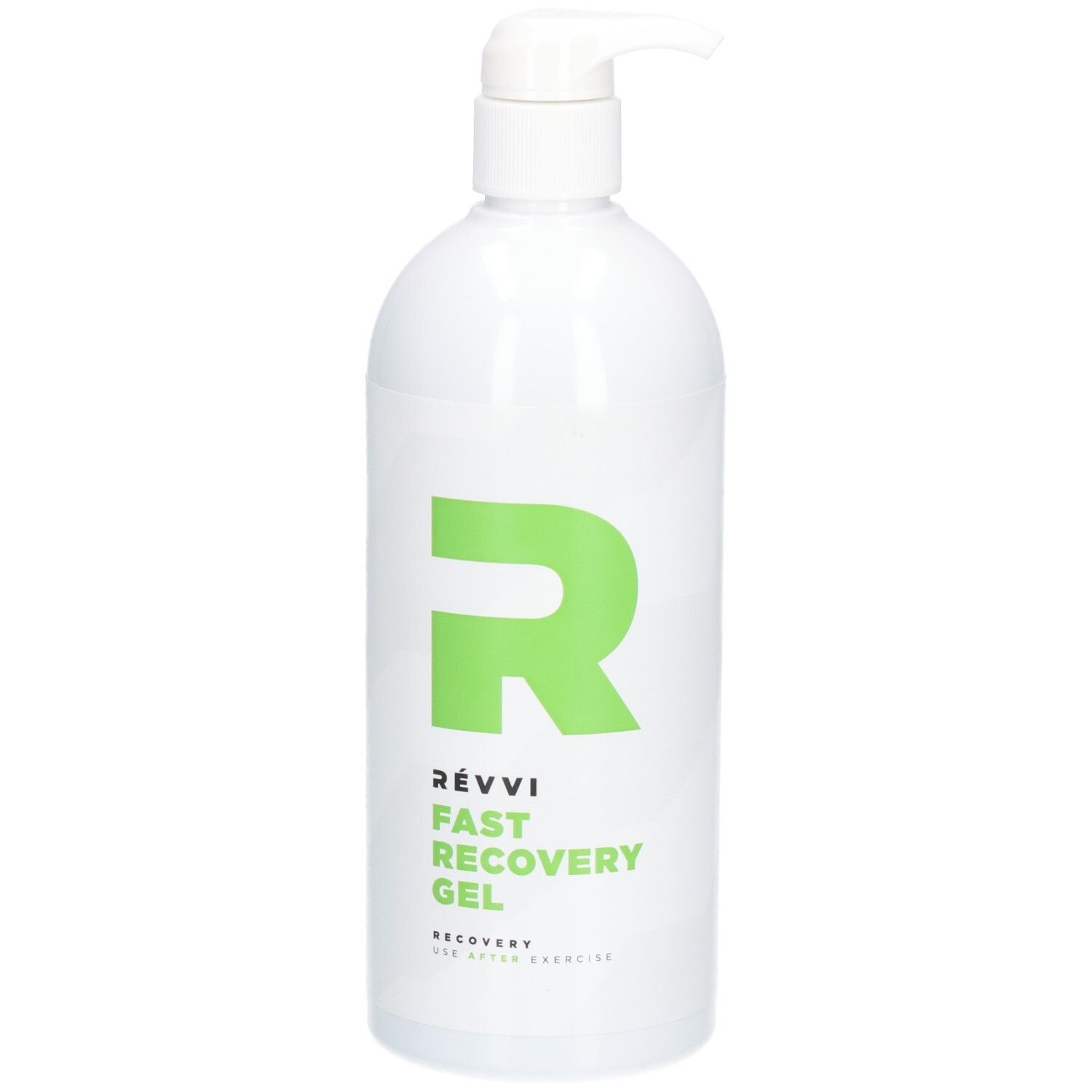 Weiße Flasche mit grünem "R"-Logo und Aufschrift RÉVVI FAST RECOVERY GEL. Pumpverschluss.