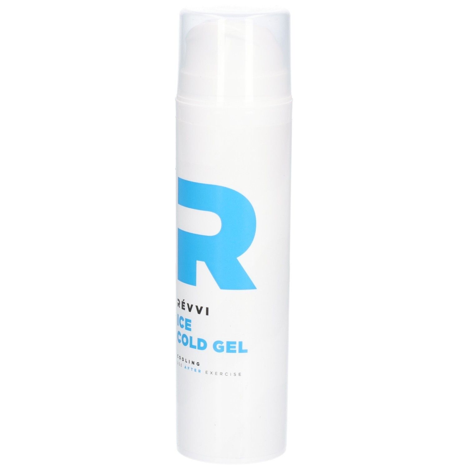 Weißer Zylinder mit blauem "R"-Logo. Text: RÉVVI ICE COLD GEL, COOLING, FOR AFTER EXERCISE. Mit Spenderkopf.