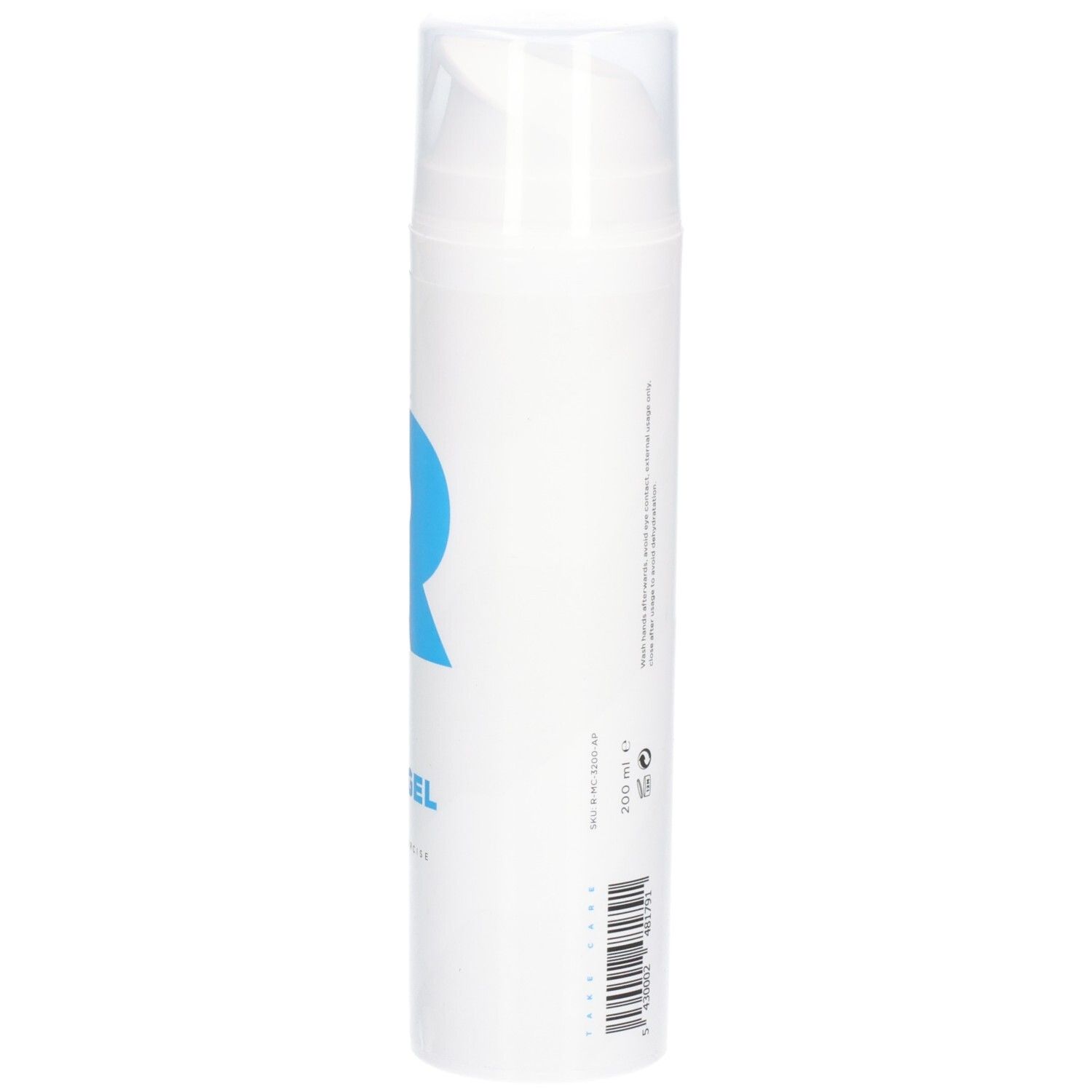 Weißer Zylinder mit blauem "R"-Logo. Text: RÉVVI ICE COLD GEL, COOLING, FOR AFTER EXERCISE. Mit Spenderkopf. 200 ml.