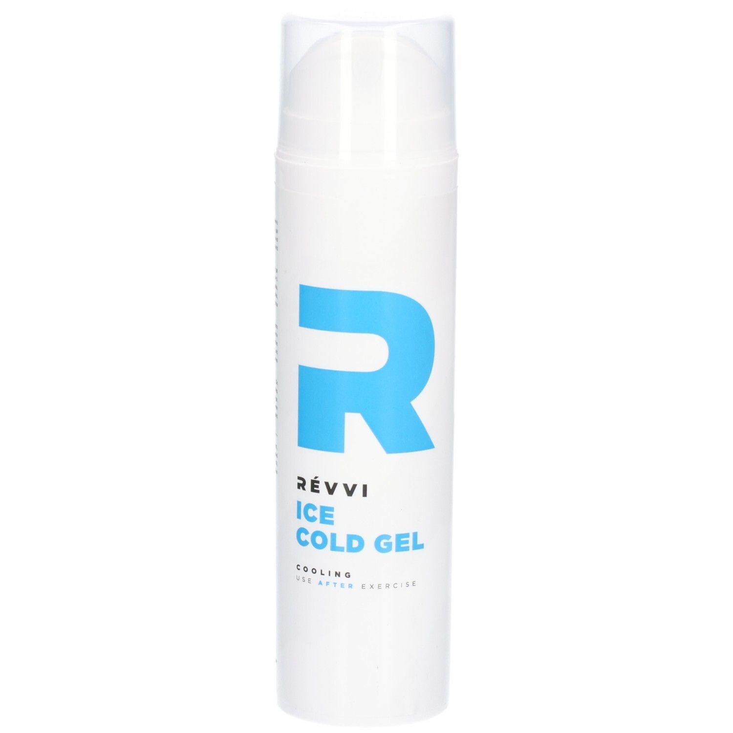 Weißer Zylinder mit blauem "R"-Logo. Text: RÉVVI ICE COLD GEL, COOLING, FOR AFTER EXERCISE. Mit Spenderkopf.