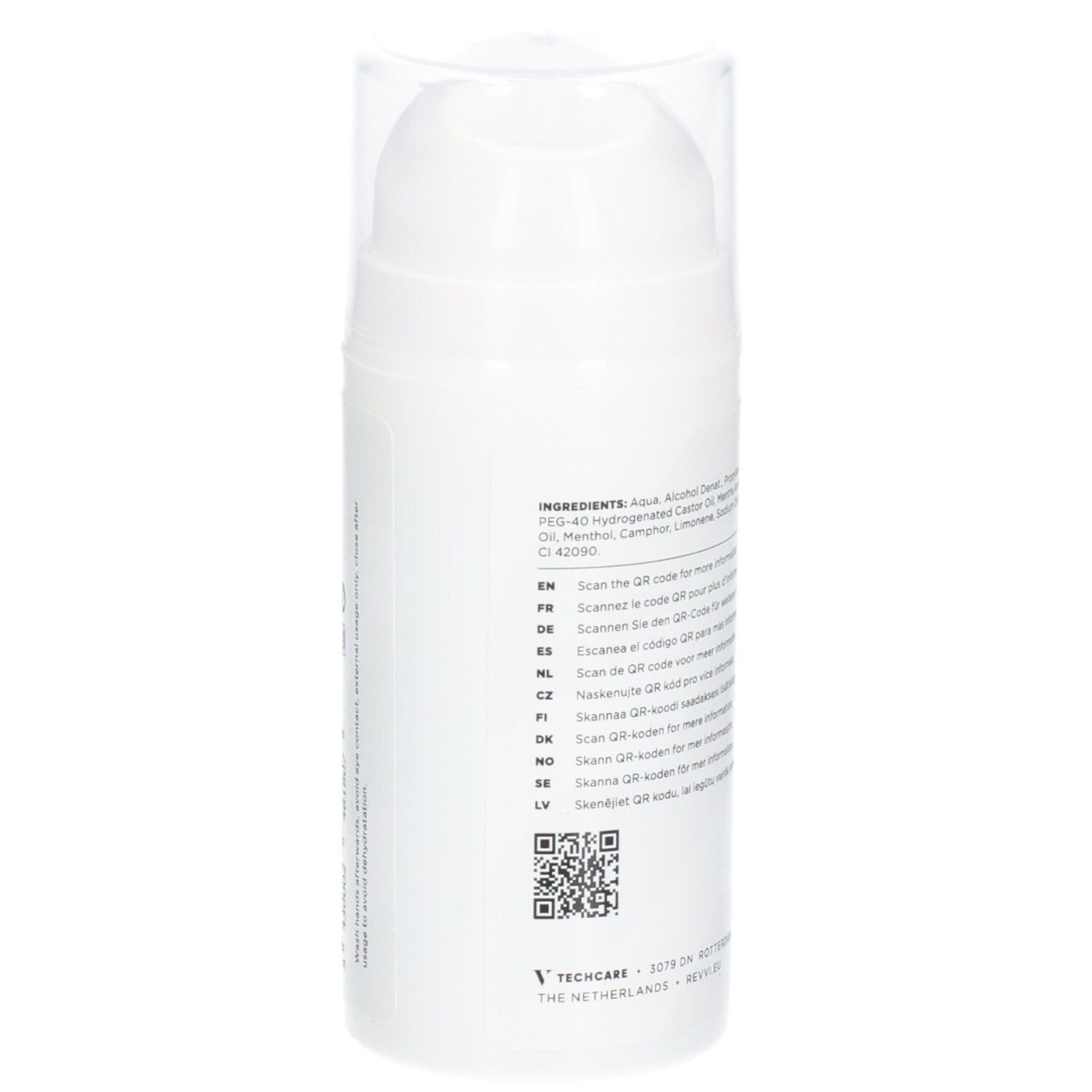Weißer Spender mit Inhaltsstoffen und QR-Codes. Text: "RÉVVI Ice Cold Gel".