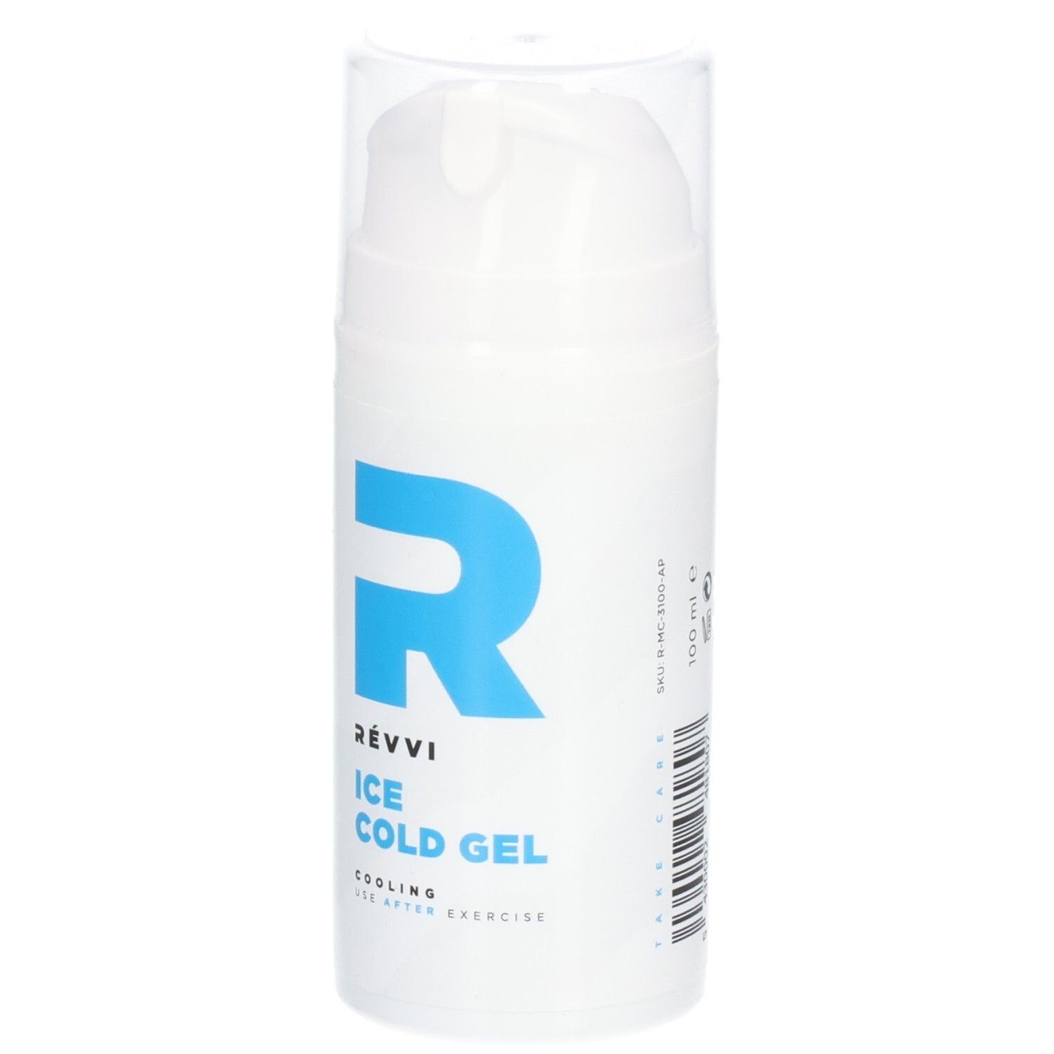 Weißer Spender mit blauem "R"-Logo und Text "RÉVVI Ice Cold Gel". Kühlend, nach dem Training. 100 ml.
