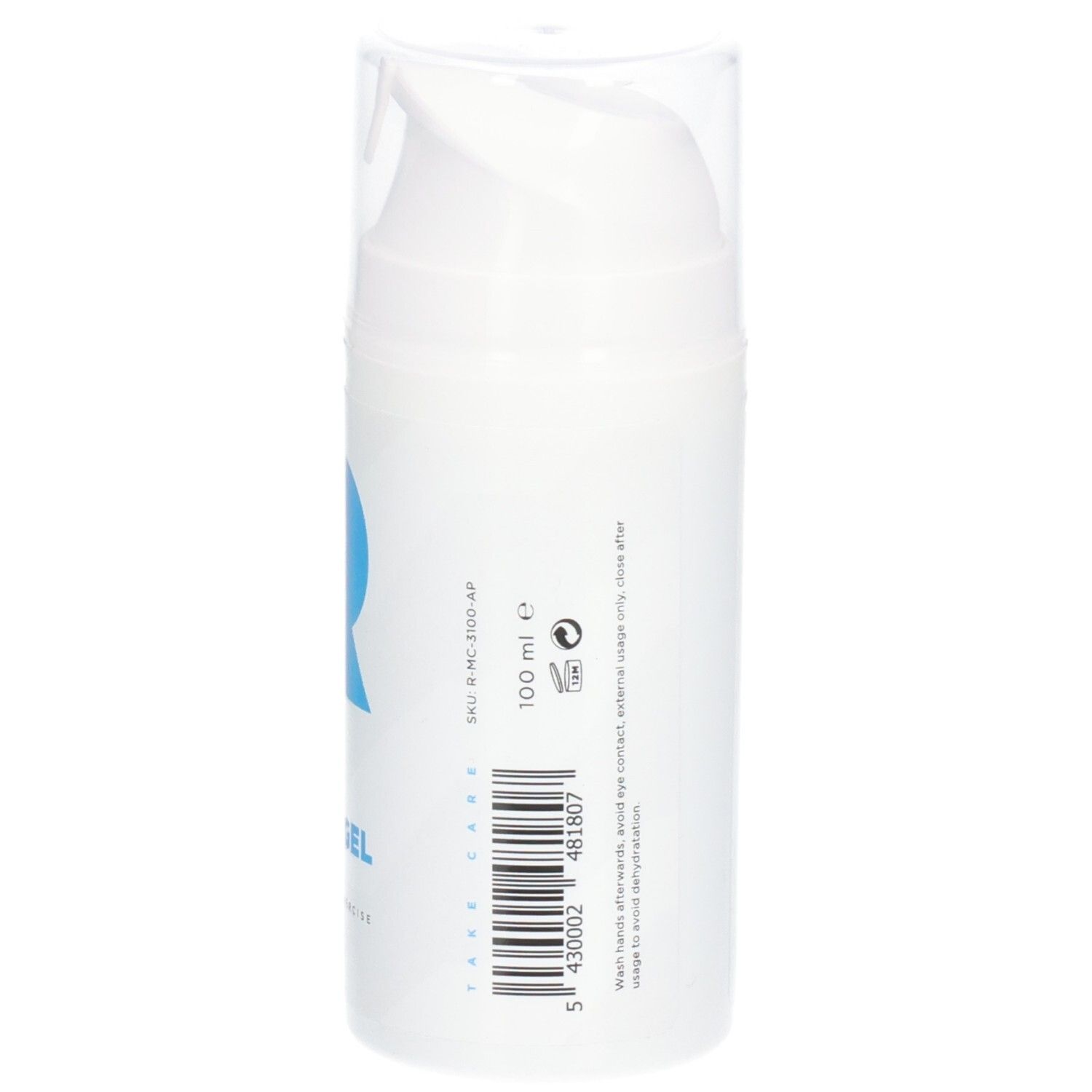 Weißer Spender mit blauem "R"-Logo und Text "RÉVVI Ice Cold Gel". 100 ml. Barcode.