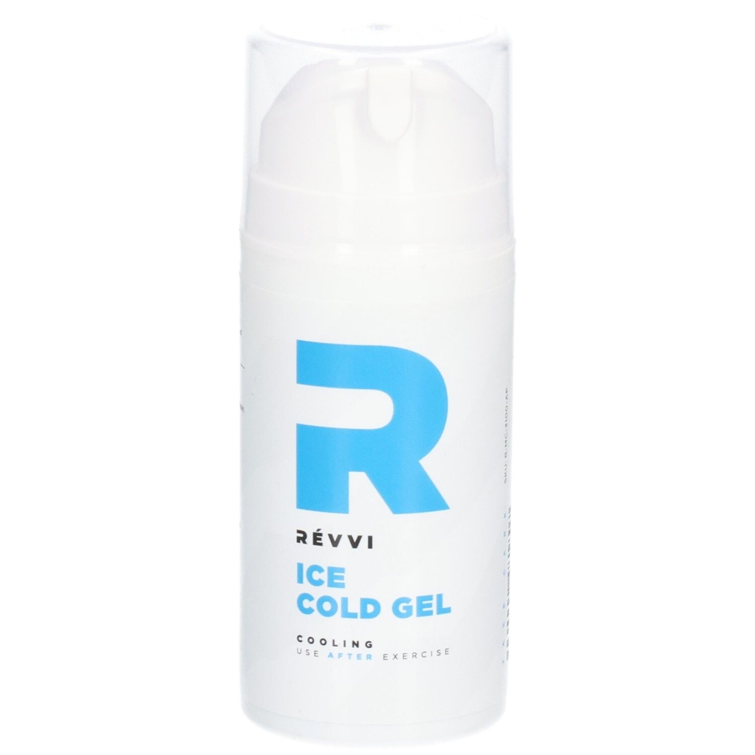 Weißer Spender mit blauem "R"-Logo und Text "RÉVVI Ice Cold Gel". Kühlend, nach dem Training.