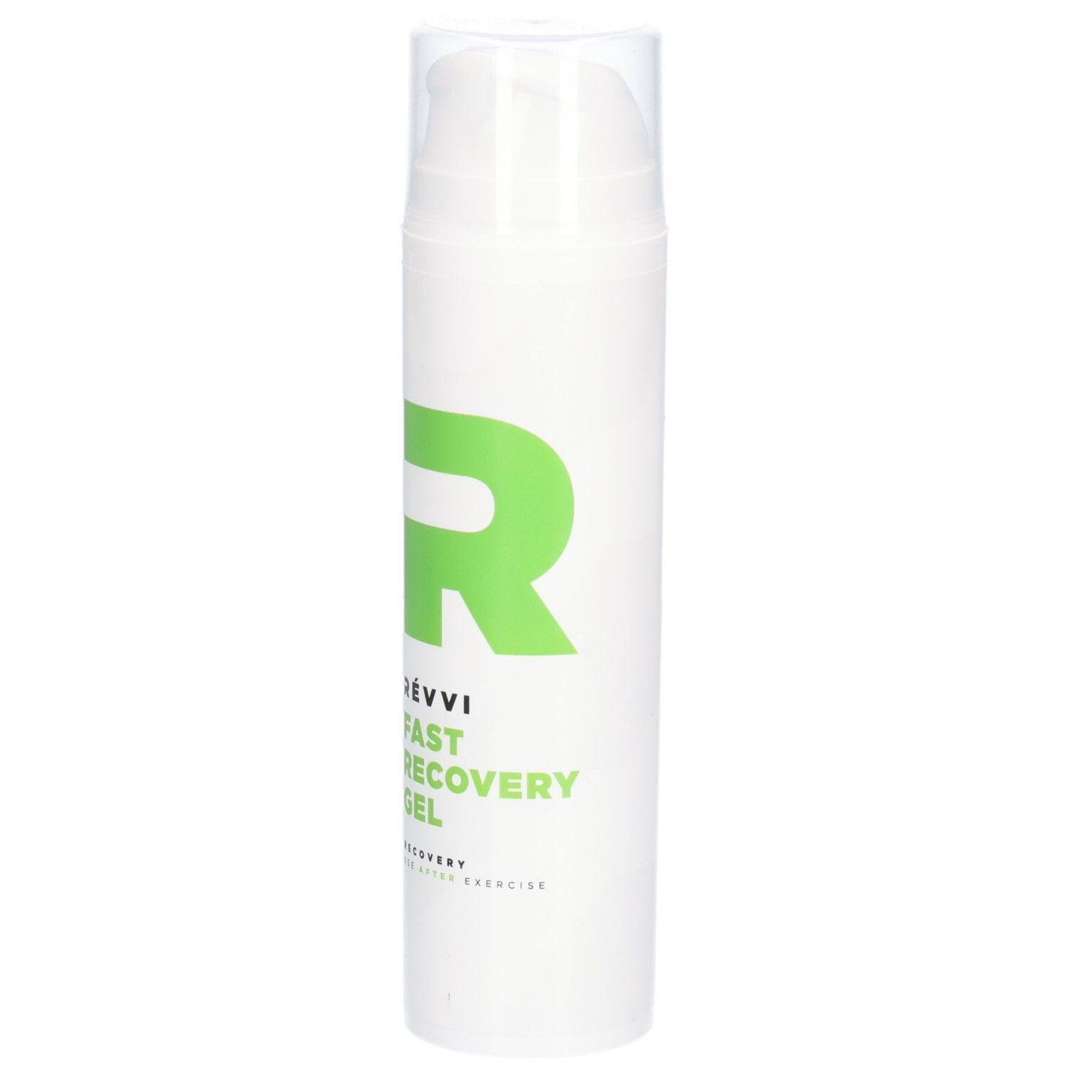Weißer Zylinder mit grünem "R" und Text. "RÉVVI Fast Recovery Gel" und "Recovery for after exercise" sind sichtbar.
