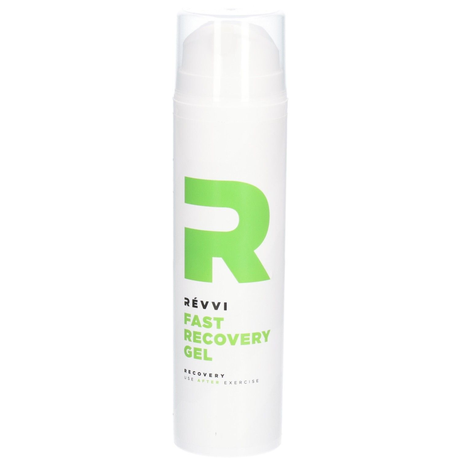 Weißer Zylinder mit grünem "R" und Text. "RÉVVI Fast Recovery Gel" und "Recovery for after exercise" sind sichtbar.
