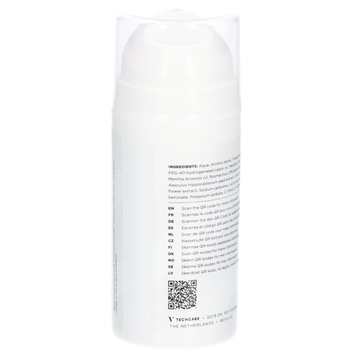 Weißer Zylinder mit grüner Schrift. Rückseite mit Inhaltsstoffen und QR-Code. Transparenter Deckel.