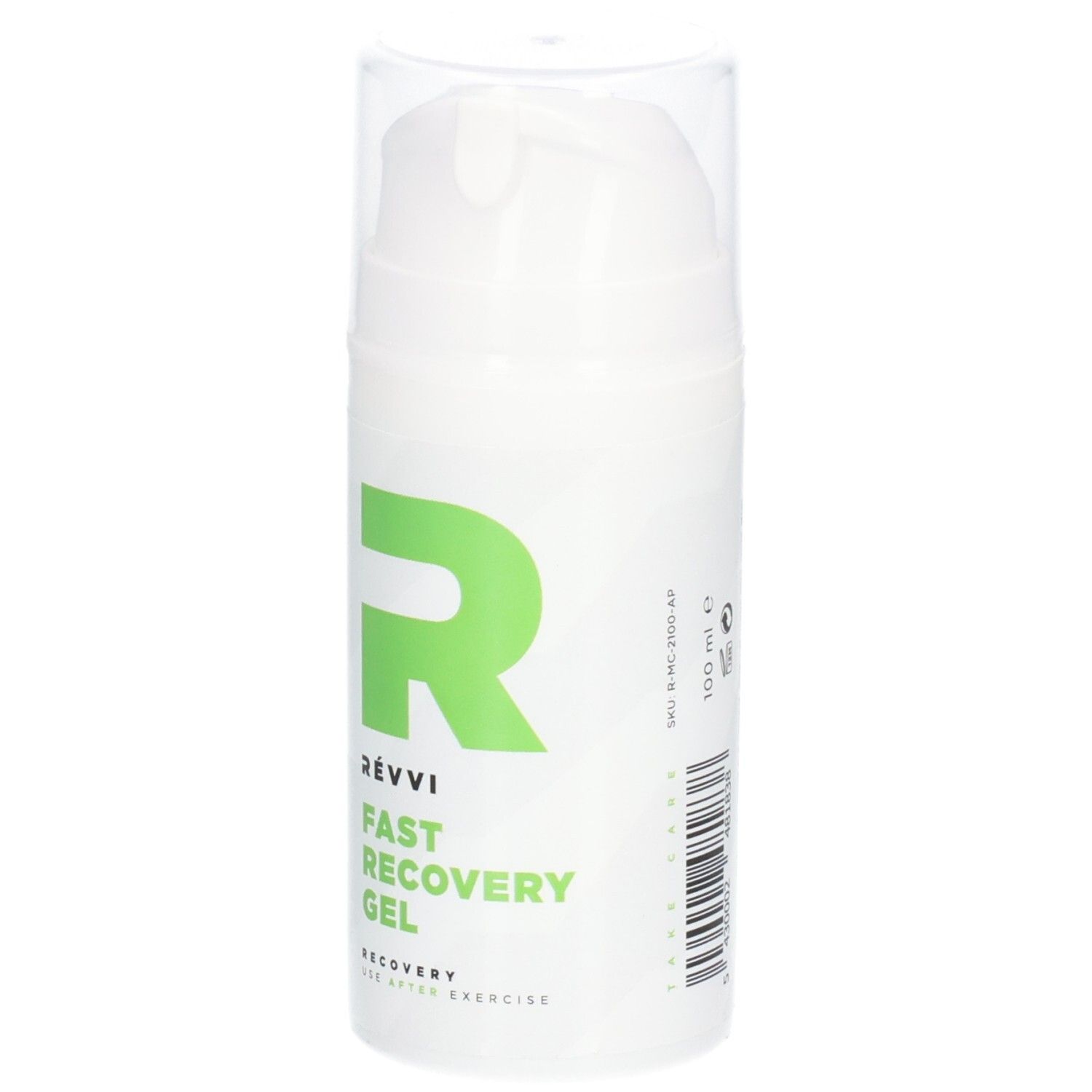 Weißer Zylinder mit grünem Logo und Schriftzug. Produktname: Fast Recovery Gel. Mit transparentem Deckel.