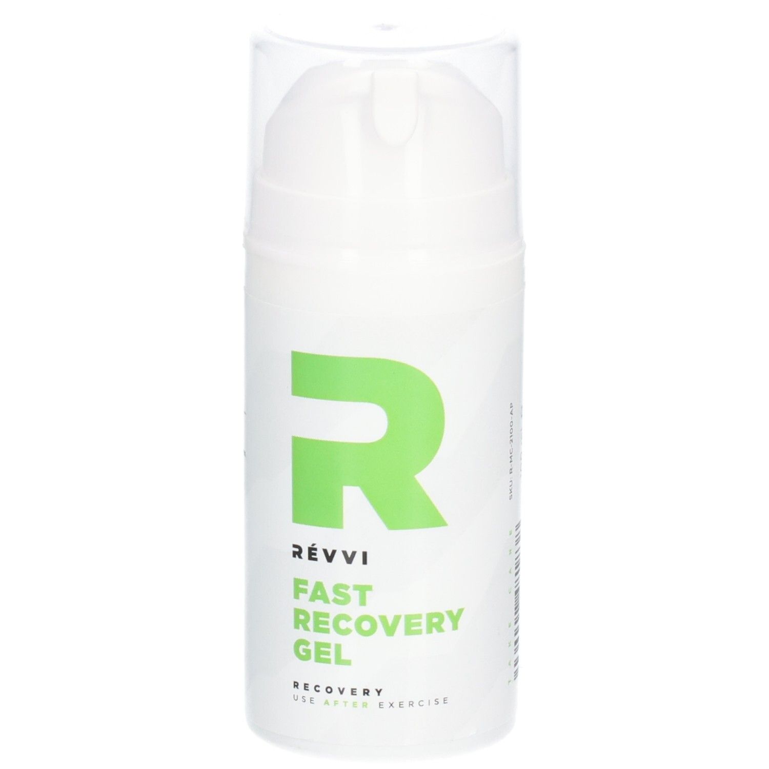 Weißer Zylinder mit grüner Schrift. Produktname: Fast Recovery Gel. Mit transparentem Deckel. 100 ml.