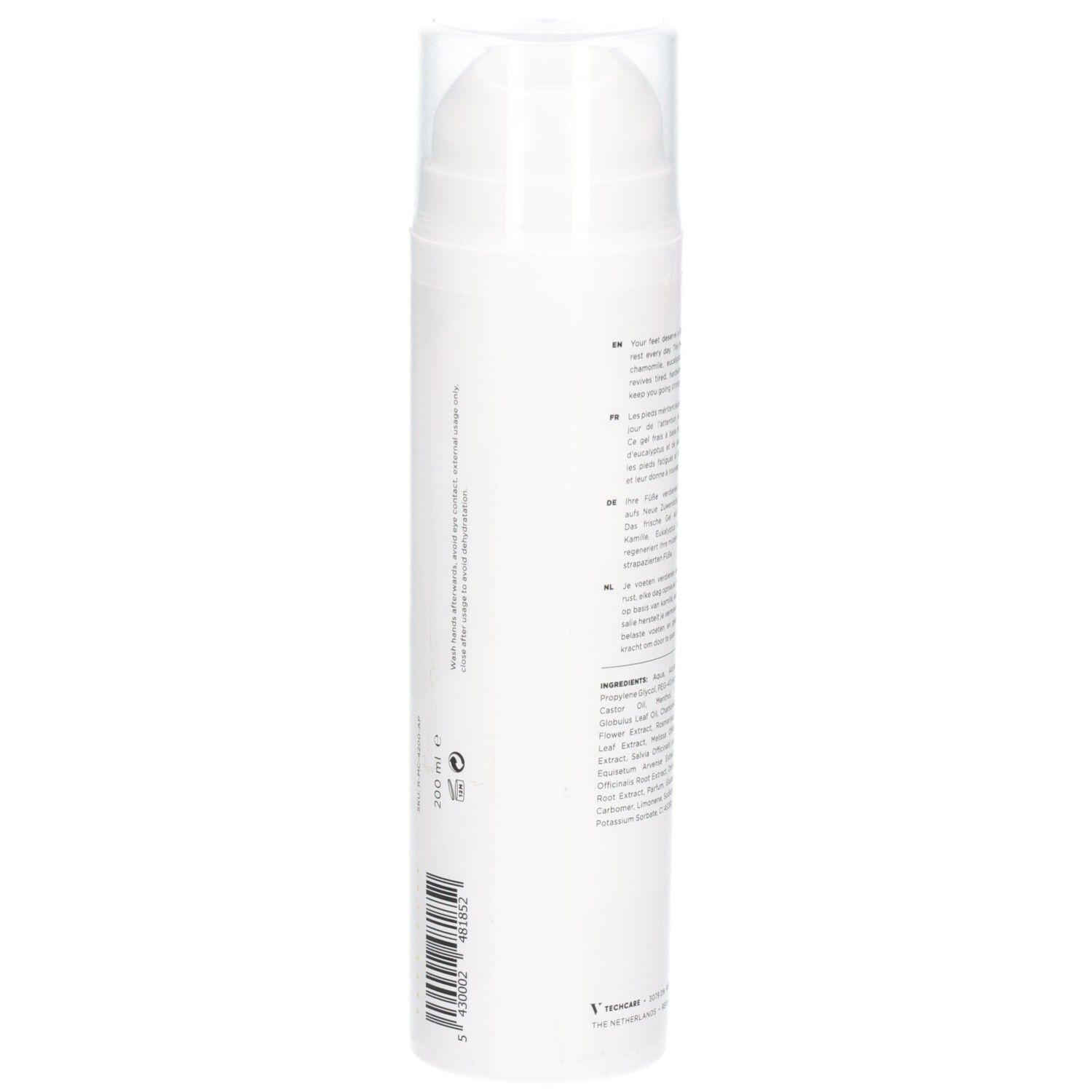 Witte dispenser met tekst en barcode. Bevat informatie. Transparante dop. Zwarte letters.