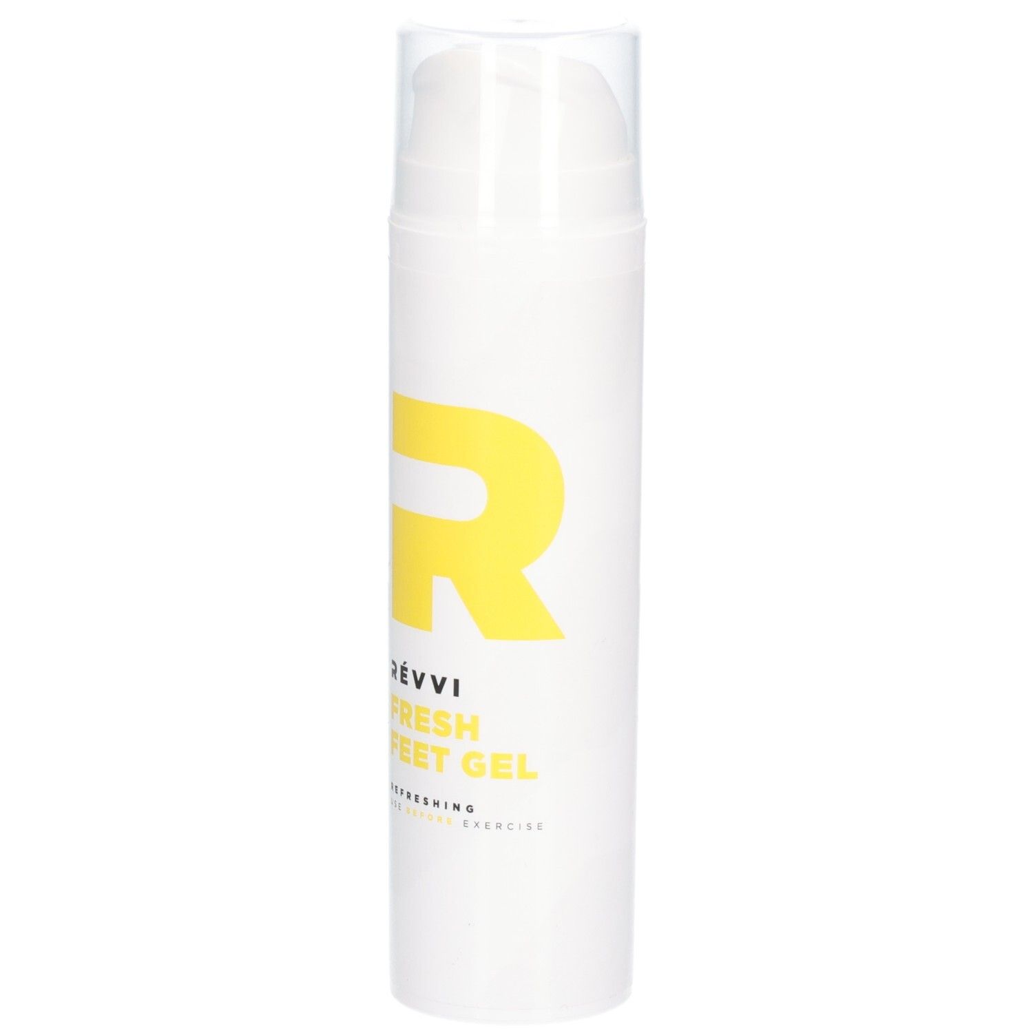 Witte dispenser met gele "R" en productnaam. Tekst: RÉVVI FRESH FEET GEL. Verfrissend voor sporters. Transparante dop.