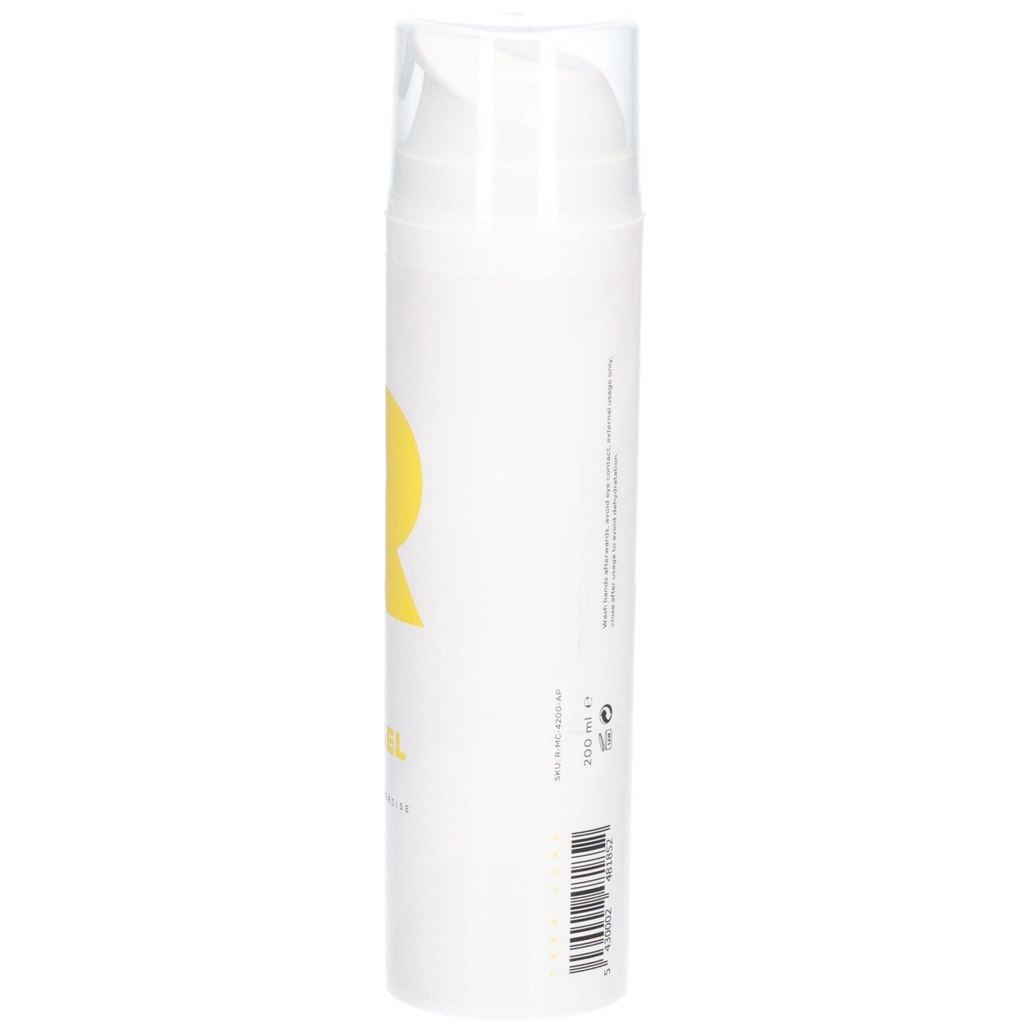 Witte dispenser met gele "R" en productnaam. Tekst: RÉVVI FRESH FEET GEL. 200 ml. Transparante dop.