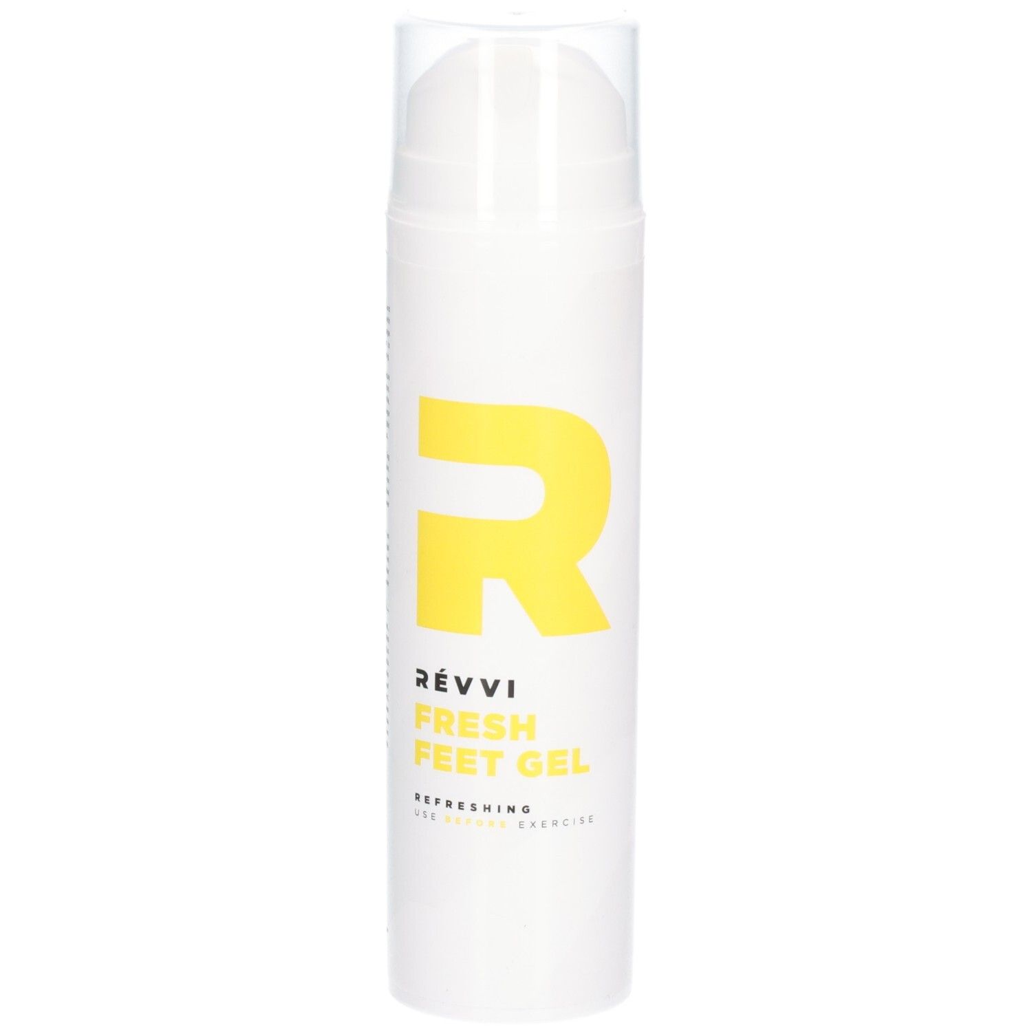 Witte dispenser met gele "R" en productnaam. Tekst: RÉVVI FRESH FEET GEL. Verfrissend voor sporters. Transparante dop.