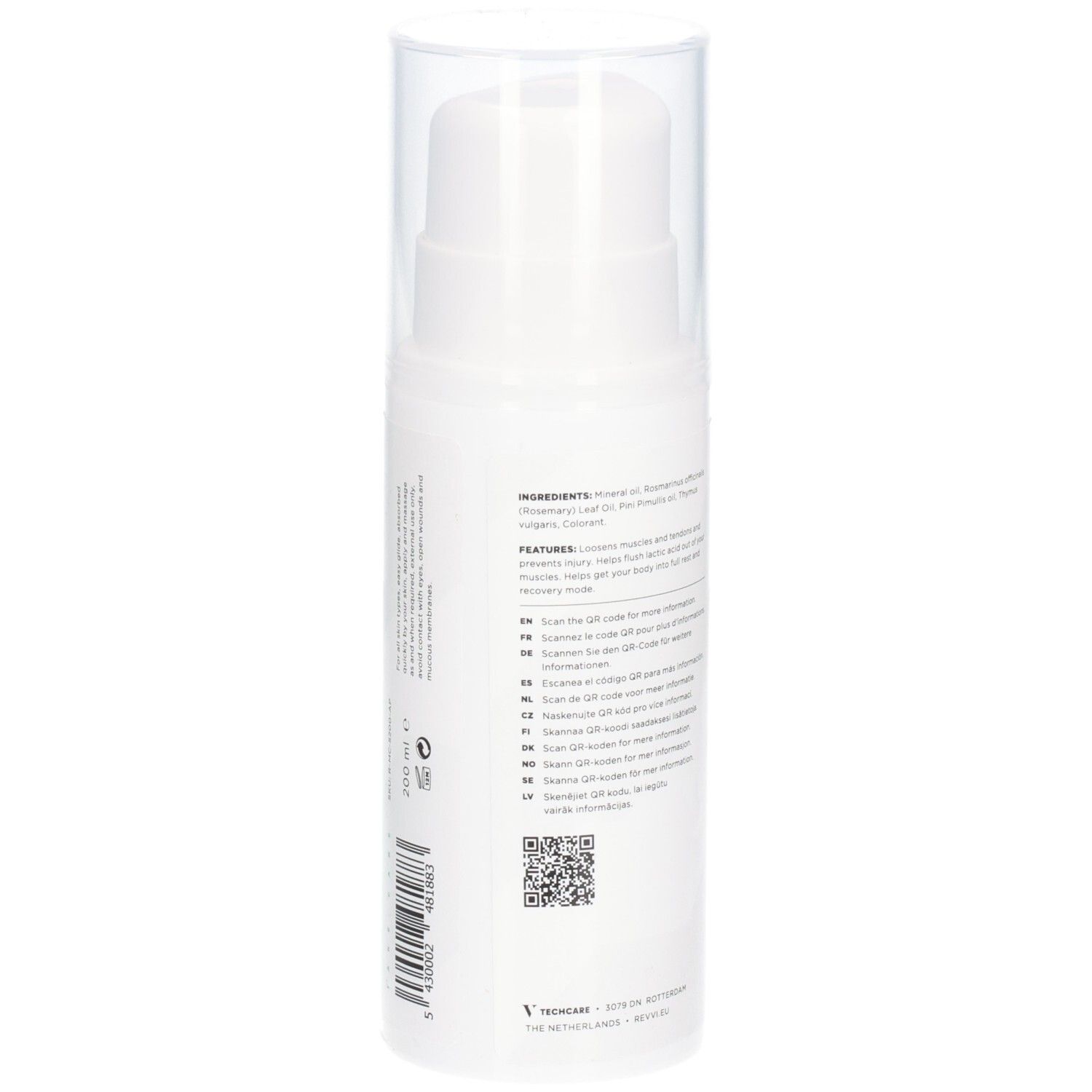 Weißer Spender mit Text und QR-Code. Beschriftung: RÉVVI, ALPINE SPORTS MASSAGE OIL. Transparenter Deckel. Text auf der Seite.