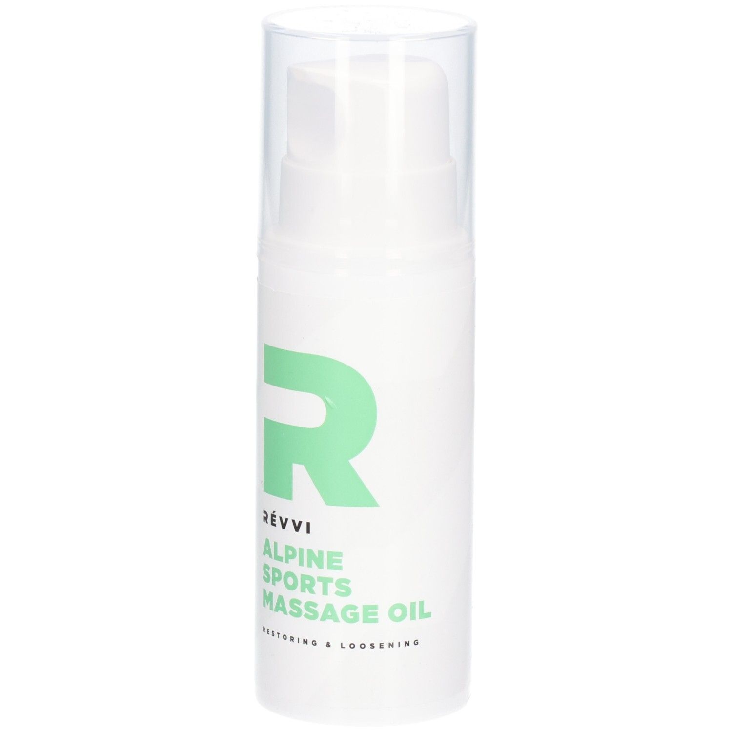 Weißer Spender mit grünem Logo und Text. Beschriftung: RÉVVI, ALPINE SPORTS MASSAGE OIL. Transparenter Deckel.