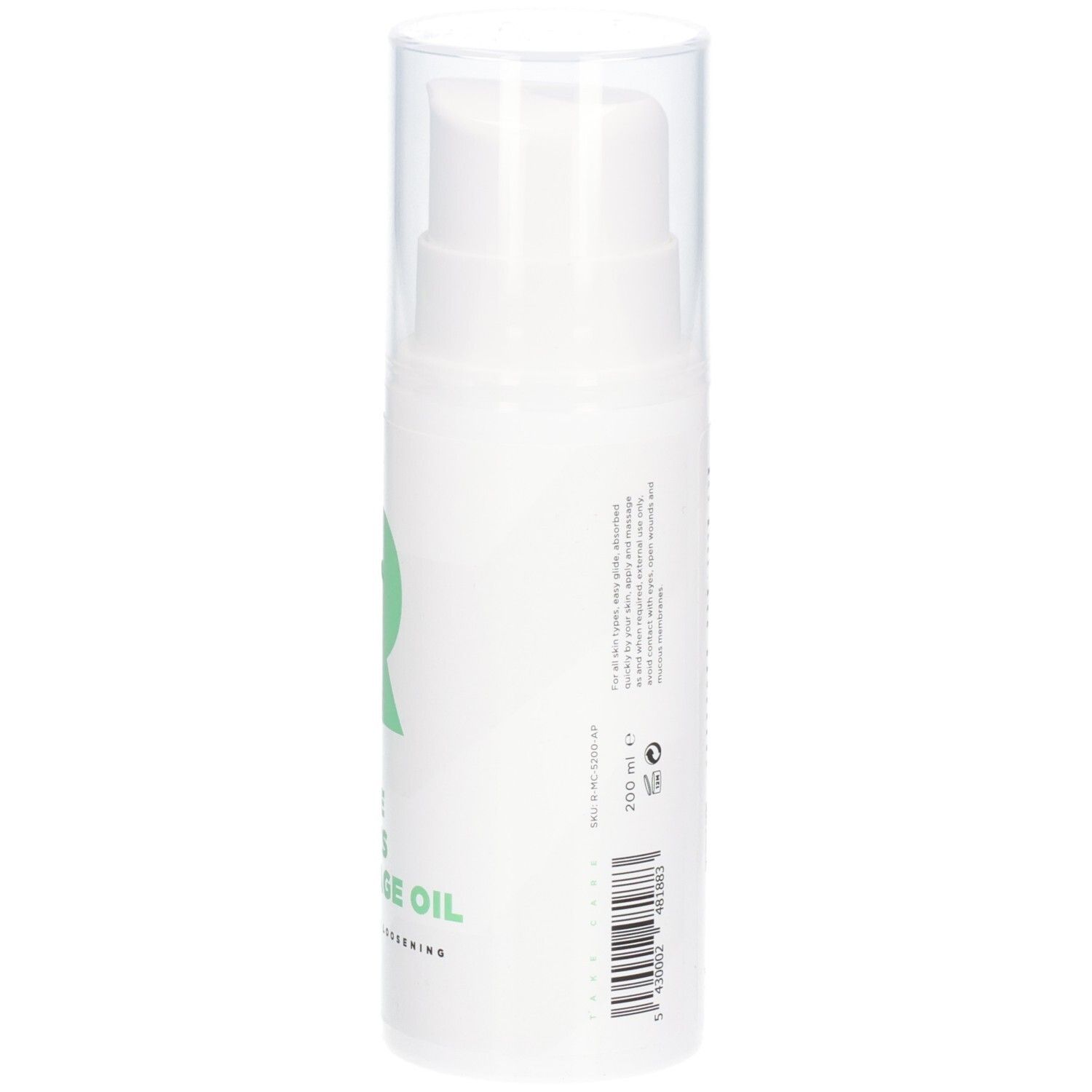 Weißer Spender mit grünem Logo und Text. Beschriftung: RÉVVI, ALPINE SPORTS MASSAGE OIL. Transparenter Deckel. 200 ml.
