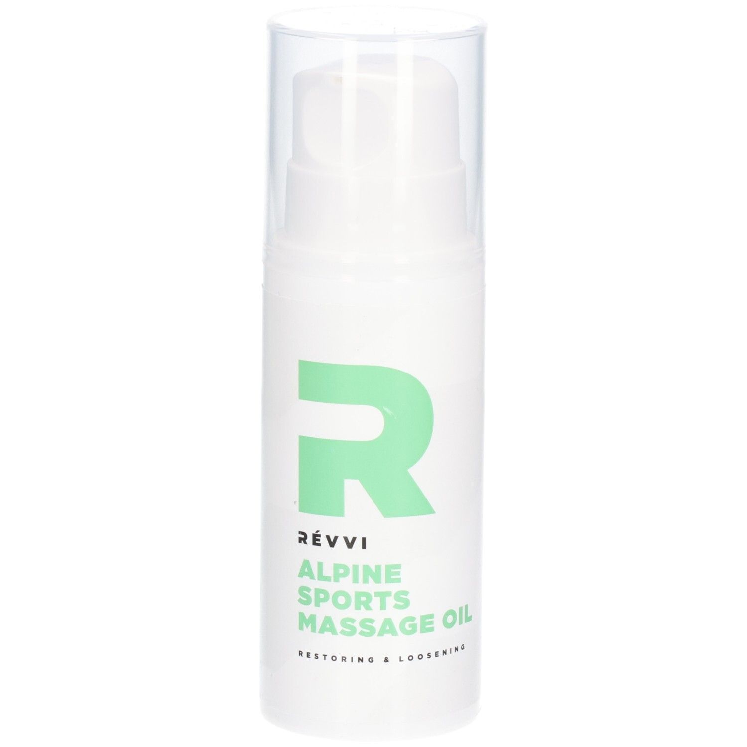 Weißer Spender mit grünem Logo und Text. Beschriftung: RÉVVI, ALPINE SPORTS MASSAGE OIL. Transparenter Deckel.