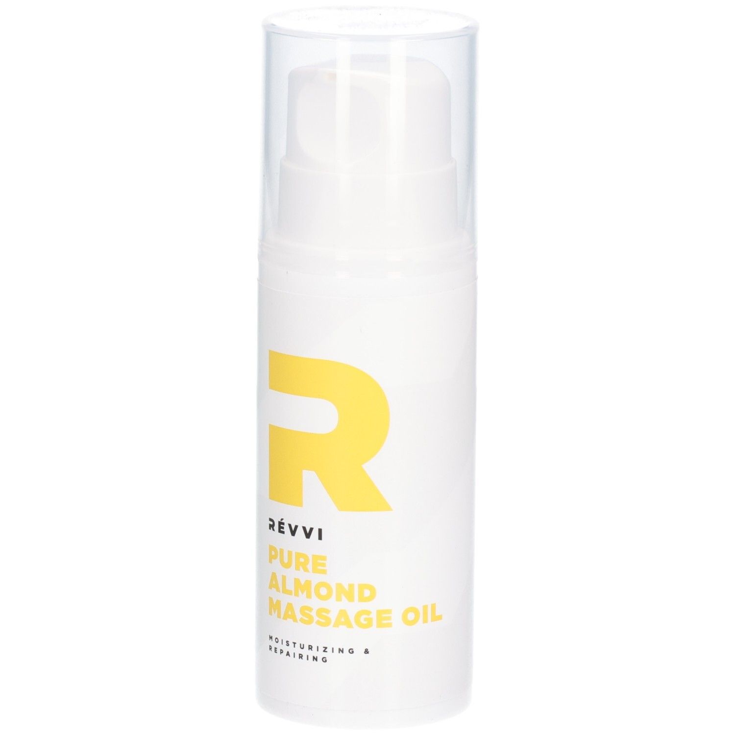 Weiße Flasche mit gelbem Logo und Text. Aufschrift: RÉVVI Pure Almond Massage Oil. Mit Spenderkopf.