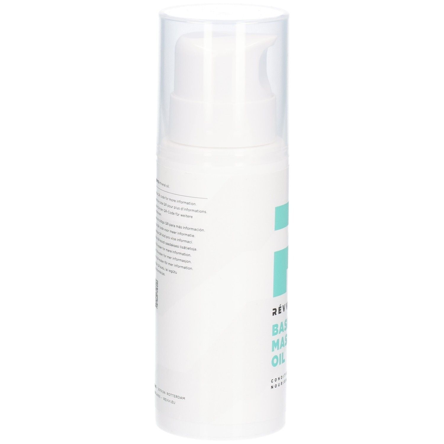 Weiße Flasche mit Sprühkopf. Rückseite mit Text. QR-Code und Informationen. Produktname: RÉVVI Basic Massage Oil.