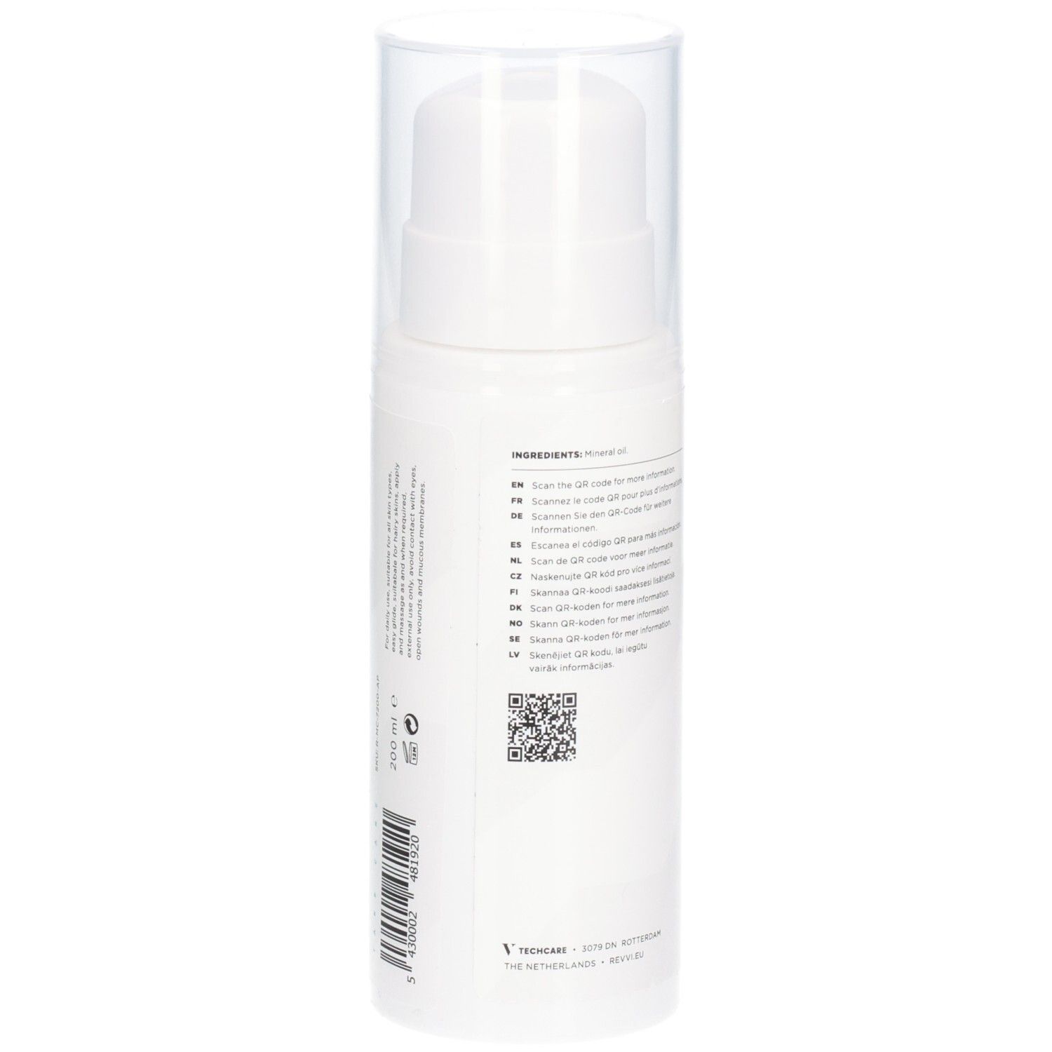 Weiße Flasche mit Sprühkopf. Rückseite mit Text. Zutatenliste. Produktname: RÉVVI Basic Massage Oil.