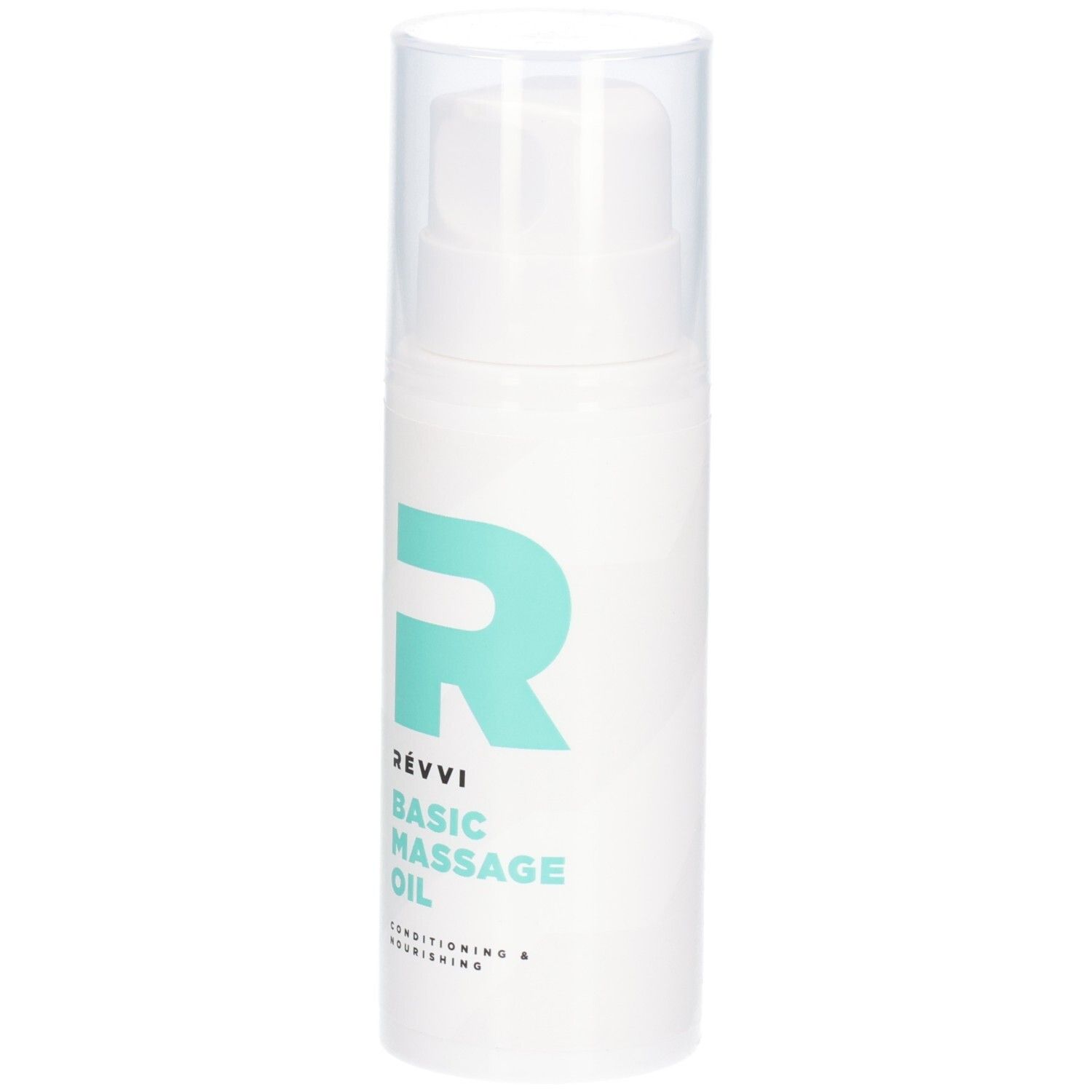 Weiße Flasche mit Sprühkopf. Türkisgrünes Logo und Schriftzug: RÉVVI Basic Massage Oil. Aufschrift: Conditioning & Nourishing.